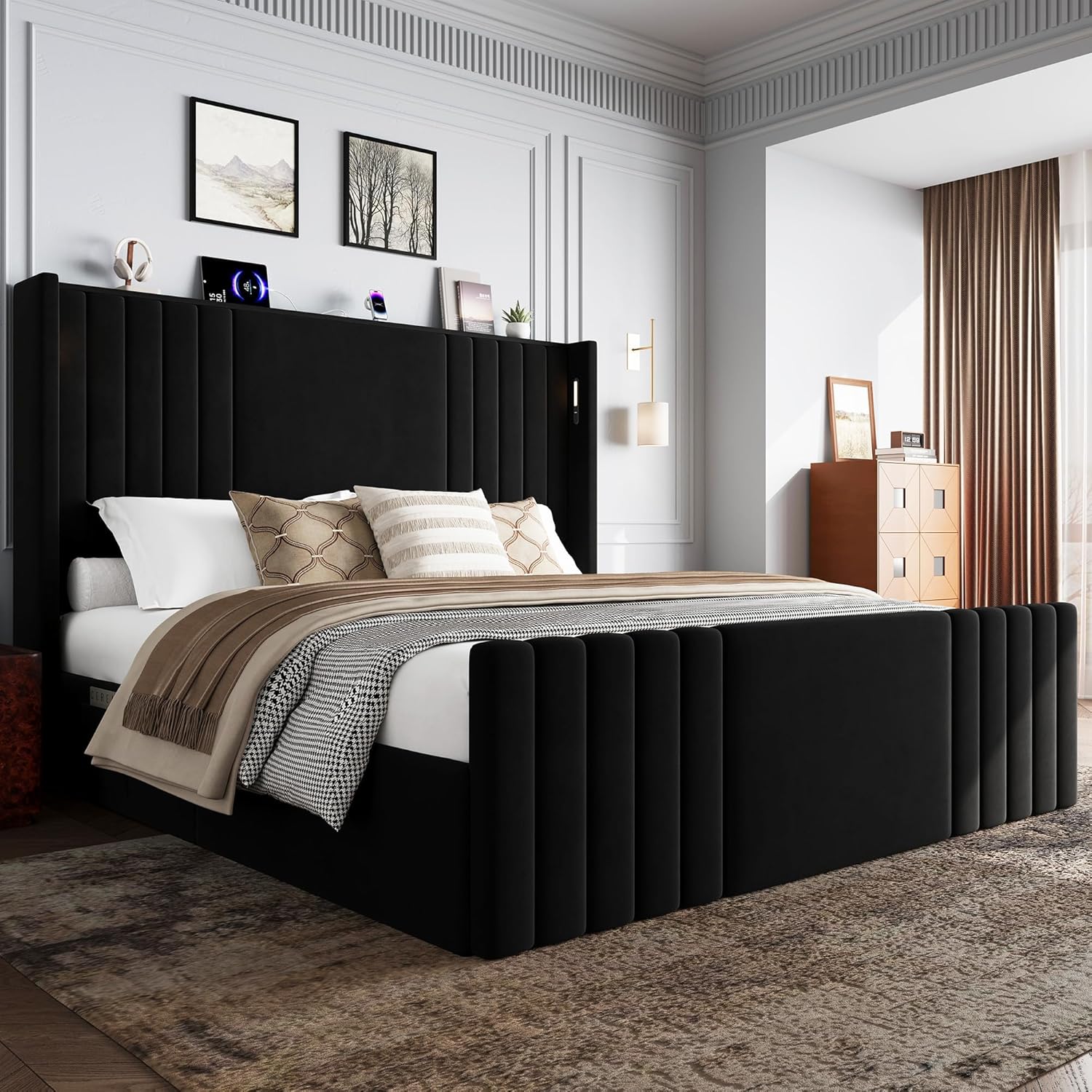Queen Bed Frame with 55.1" Tall Headboard, Velvet Upholstered Platform Bed with Channel Tufted Wingback, 2 Reading Lights/Storage Shelf/Charging Station/Easy Assembly/Noise-Free, Black