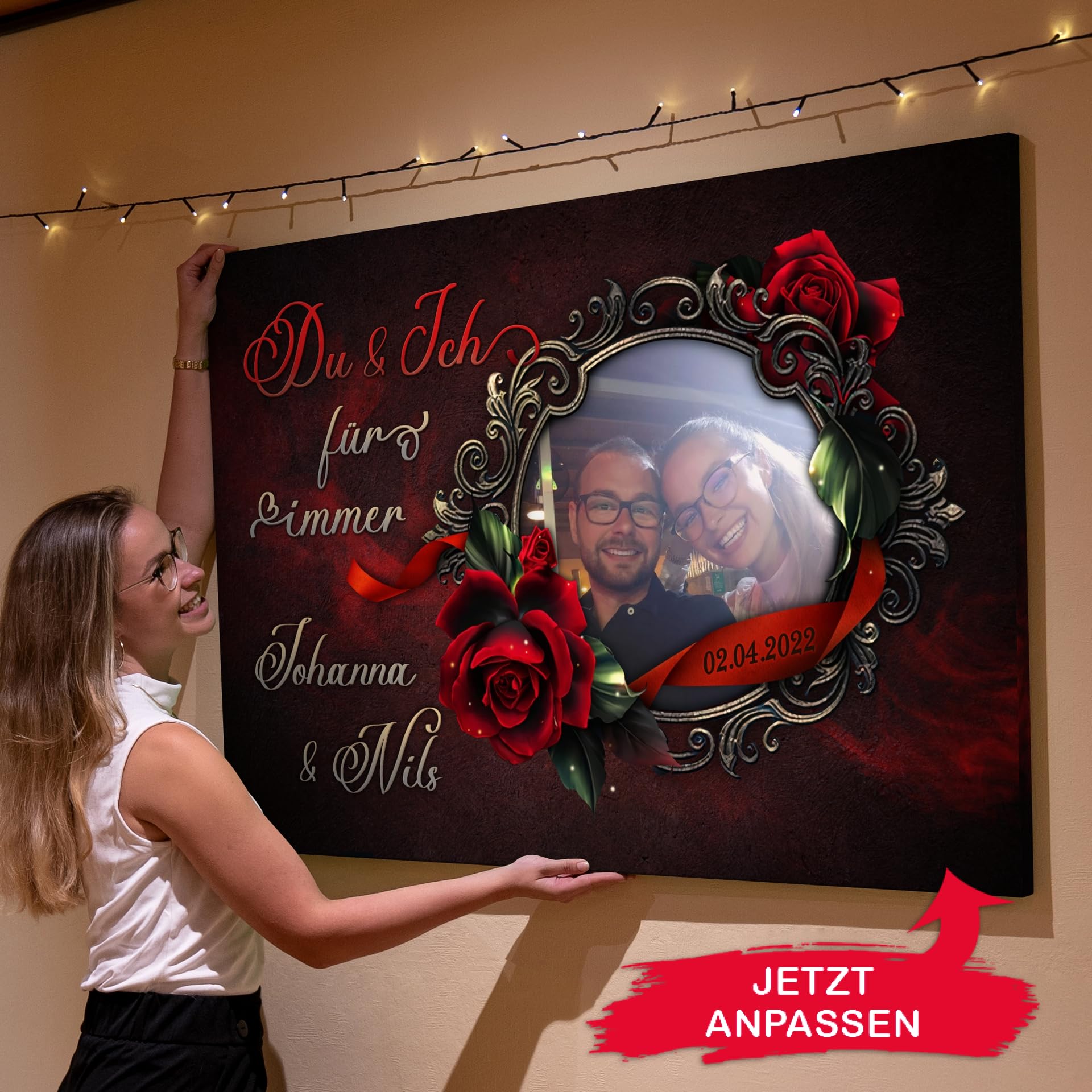 Liebesleinwand Das sind wir Leinwand | Leinwandbild mit Foto, Namen und Datum | Wandbild gestalten | Jahrestag Geschenk für Frau Freundin Mann Freund | Rose