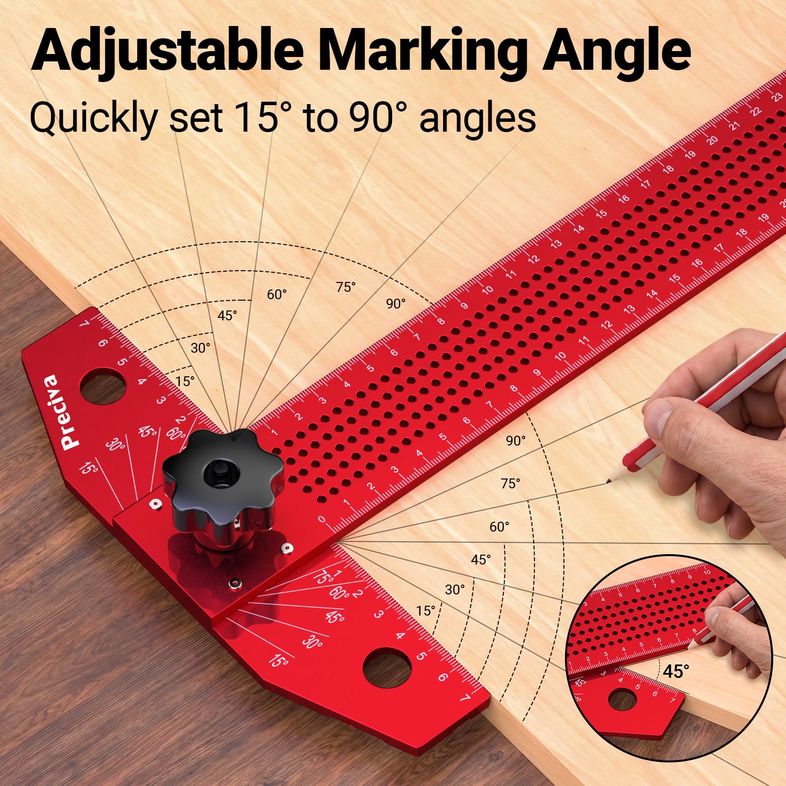 Preciva T-Lineal 350 mm Aluminium, Winkelschmiege mit Winkelmesser und Anreißlineal, Verstellbarer Anschlagwinkel 15-90°, Kombinationswinkel mit Markierstift für Holzarbeiten, Zeichnen und DIY
