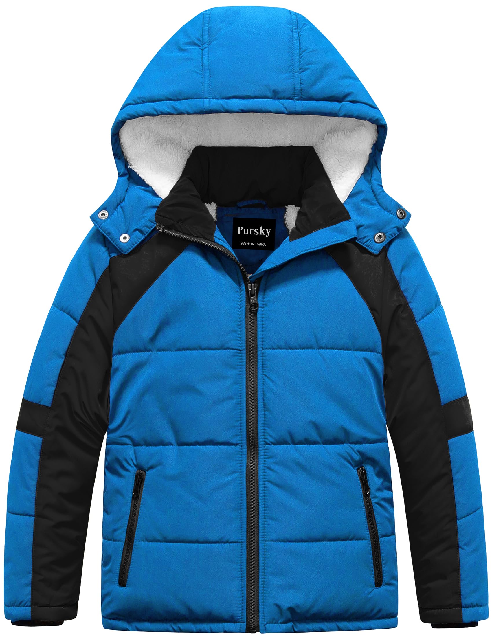 Pursky Boy's Warm Winter Coat Water Resistant Sherpa Outerwear Puffer Jackets With Removable Furry Hood