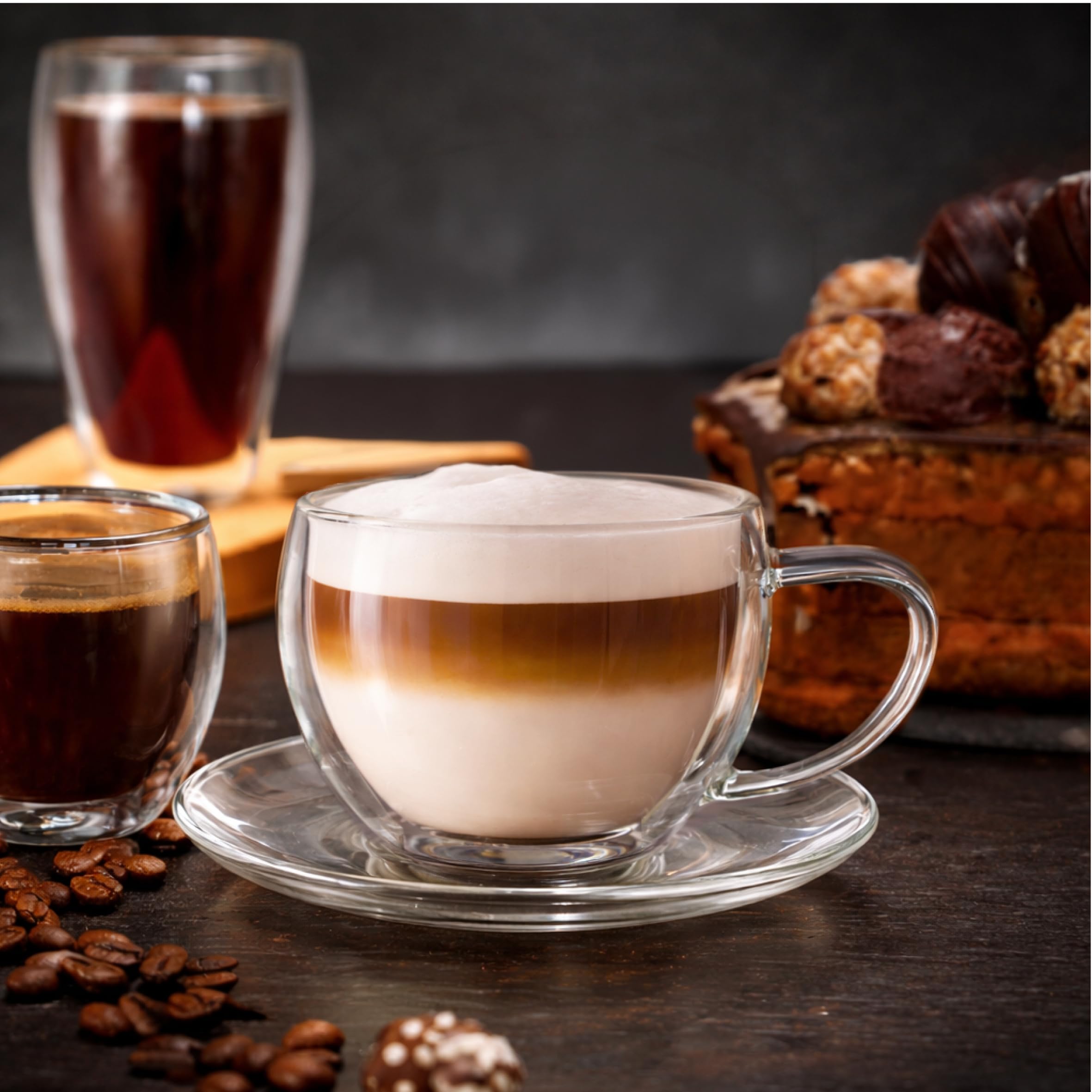 Creano Kubek termiczny z podwójnymi ściankami do herbaty/latte macchiato kubek do cappuccino z podstawką 250 ml, zestaw 4 sztuk