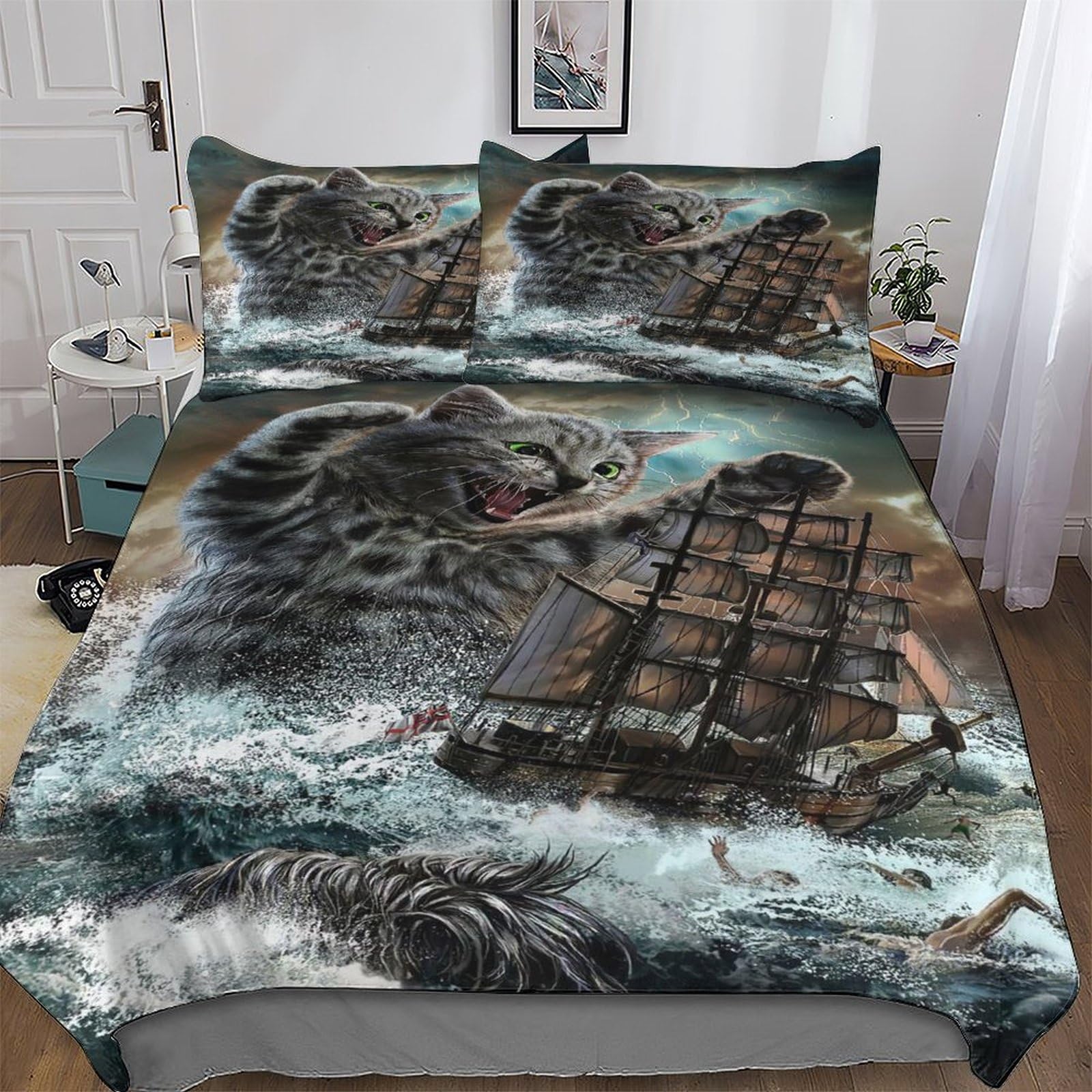 Parure de lit 3 pièces chat avec housse de couette 220x240 cm microfibre