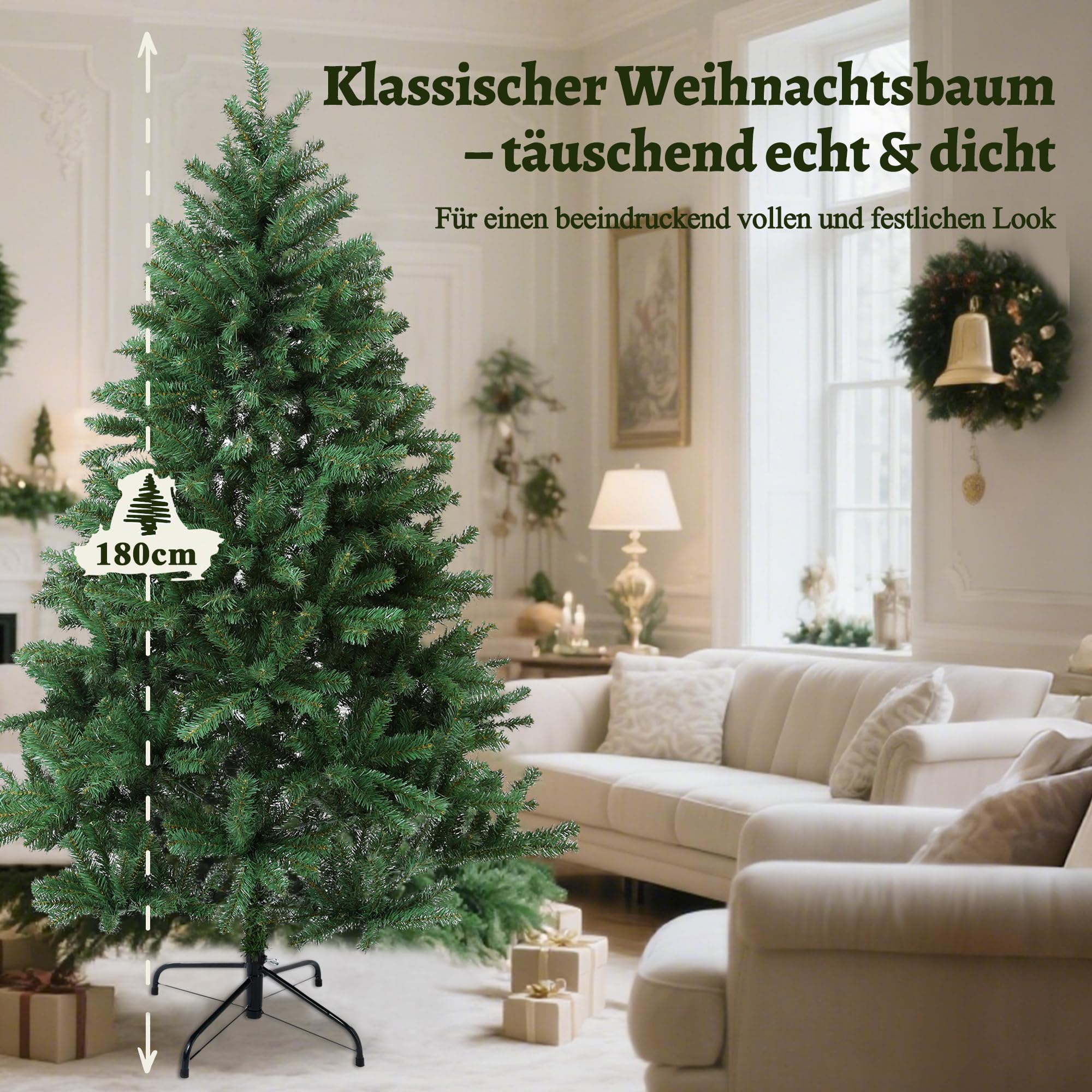 Künstlicher Weihnachtsbaum 180 cm – Dicht & Naturgetreu wie Nordmanntanne – Grüner PVC Christbaum mit stabilem Metallständer & Klappsystem – Kunst Weihnachtsbaum für Innenbereich
