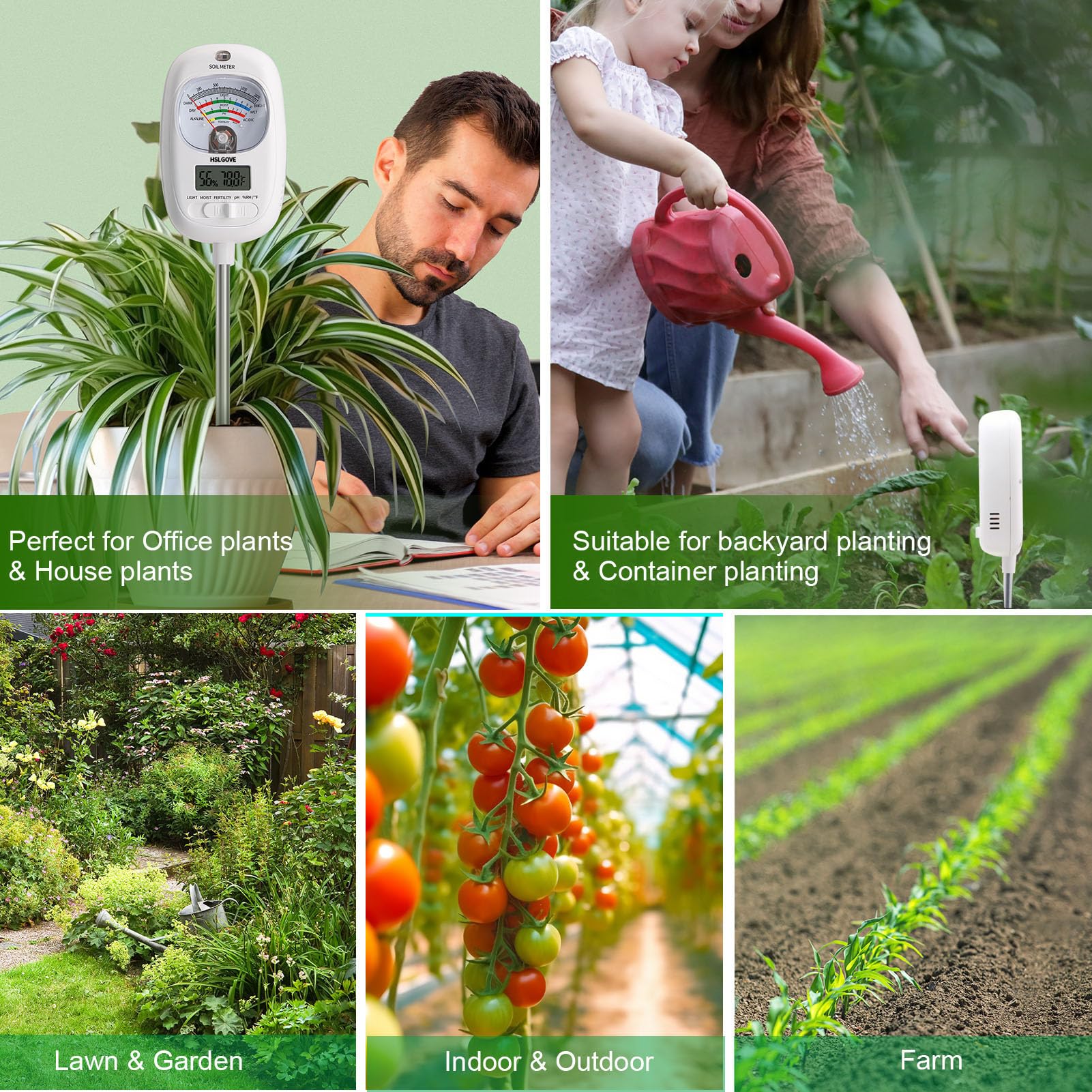 HSLGOVE Bodentest-Set, 7-in-1 Bodenfeuchtigkeitsmesser/Boden-pH-Messgerät/Fruchtbarkeit, Dual-Screen-Bodentester mit digitaler Bodentemperatur/Lufttemperatur und Luftfeuchtigkeit für Pflanzen
