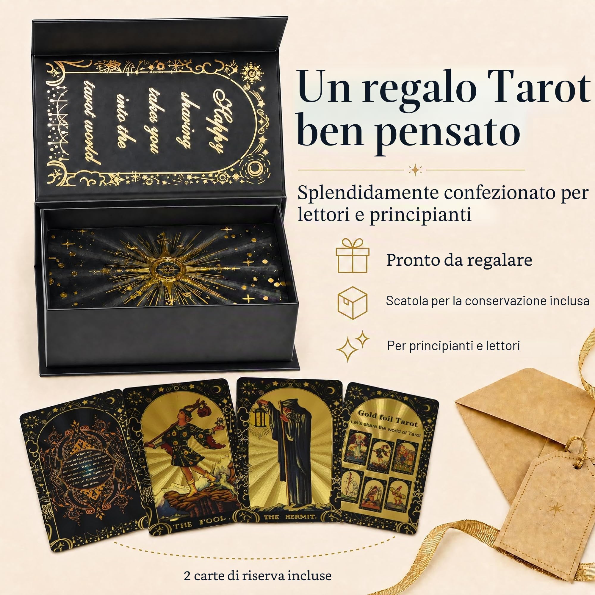 Mazzo di Tarocchi Inglesi Waite in Lamina d'Oro Nero, 78 Carte Gold Foil in PVC Impermeabile con Guida da 36 Pagine, Design Misterioso Rider Waite