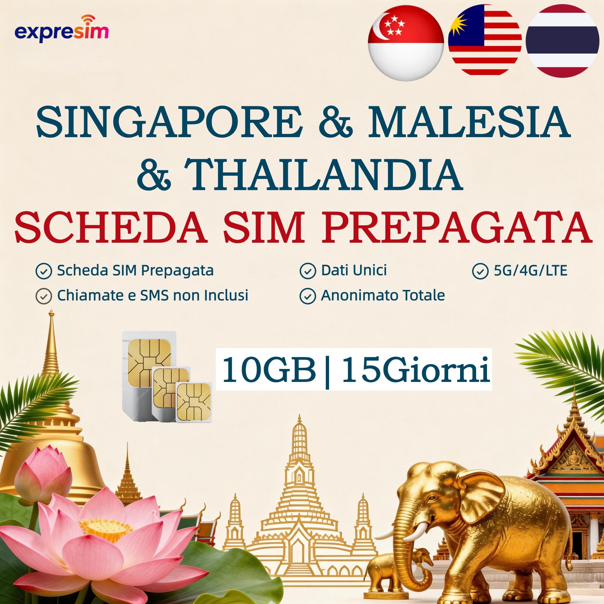 Scheda SIM Prepagata Malesia/Singapore/Thailandia | 10 GB per 15 Giorni | Pacchetto senza contratto e senza registrazione | Anonimato totale completo | SIM dati esclusiva | Scheda mobile 5G 4G