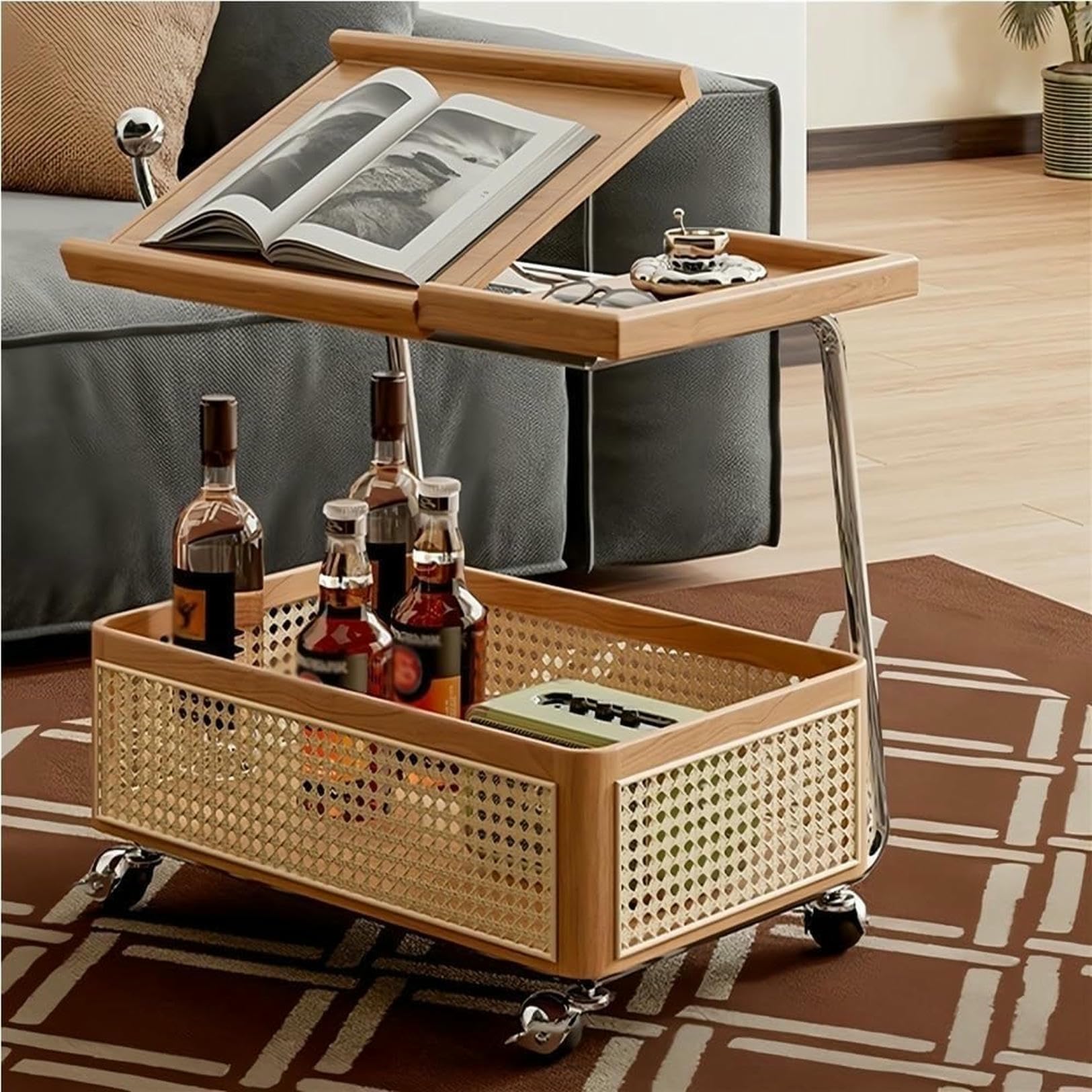 Eiwitany Adjustable Top C-Frame Rolling Side Table Equipped with Rattan Storage Basket, Mobile End & Coffee Table for Living Room (Natural)