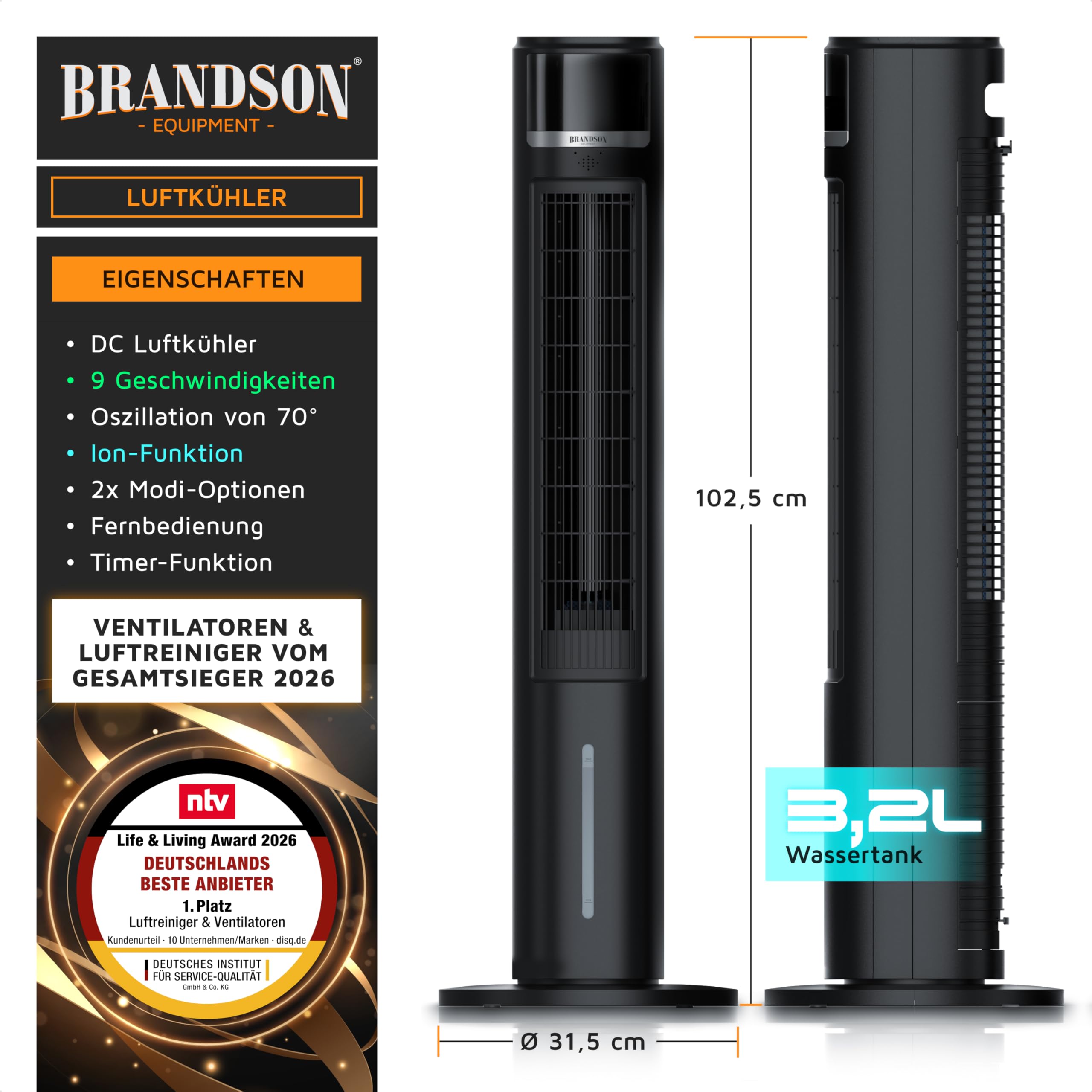Brandson – mobiler Luftkühler mit Wasserkühlung im ECO Design - DC Motor sehr leise - 60% Energie... Ansicht 2