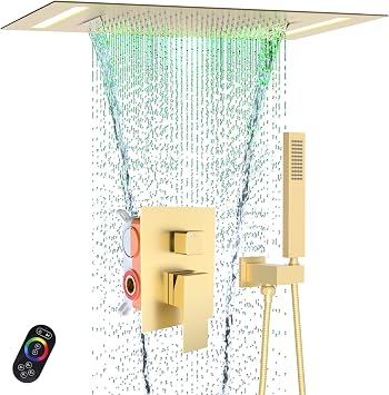 Luxury LED Spa Shower System 20x14 Inch Rainfall Waterfall with Handheld | 2-Mode Large Flush Showerhead with Ligh t Remote, 3 Way Brass Mixer Valve, Brushed Gold