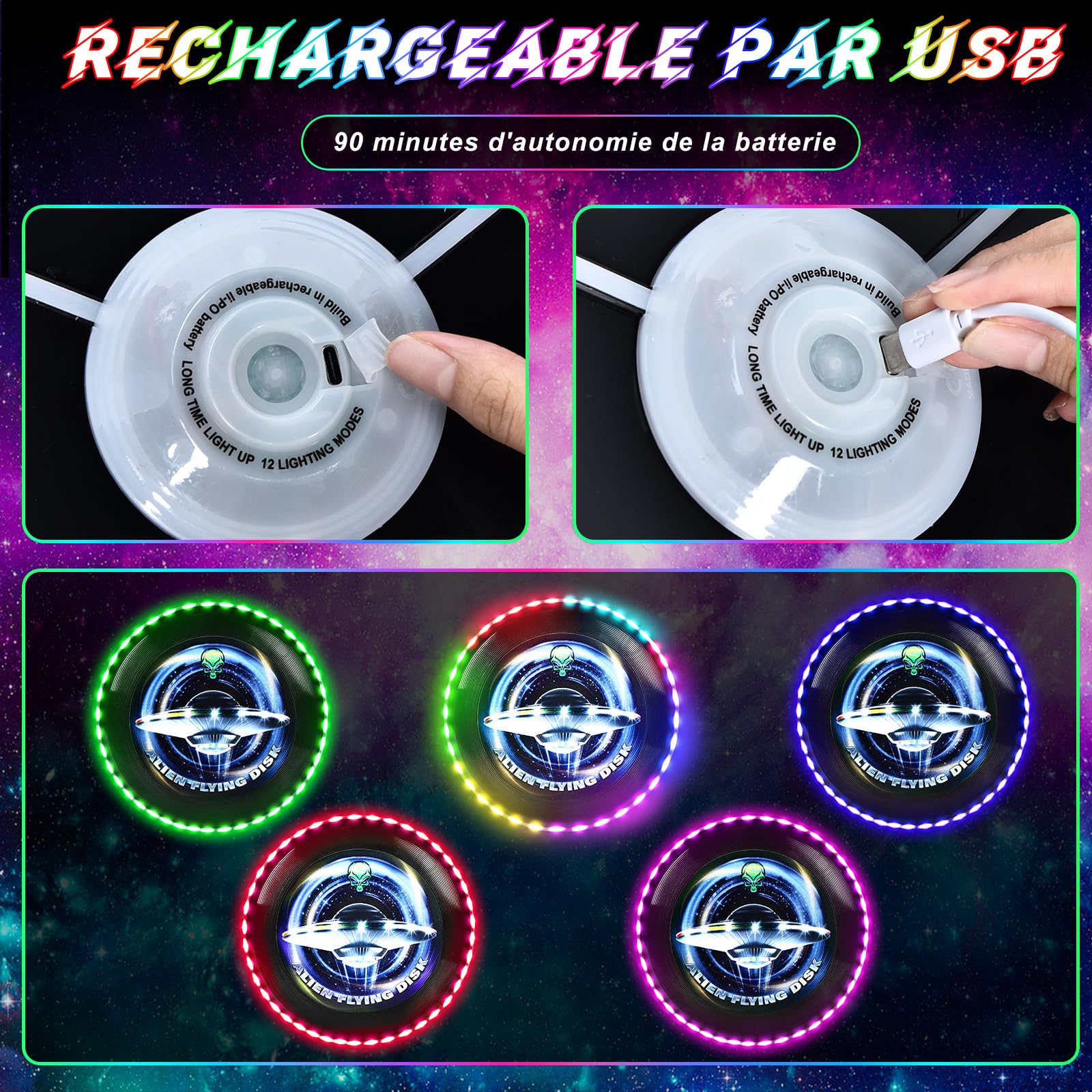 IEEILULU Ultimate Frisbee, Frisbee Lumineux, Frisbee avec 12 Effets Lumineux, Réutilisable, LED Frisbee Compétition Funsport pour Adultes Enfants Plage Pelouse Extérieur