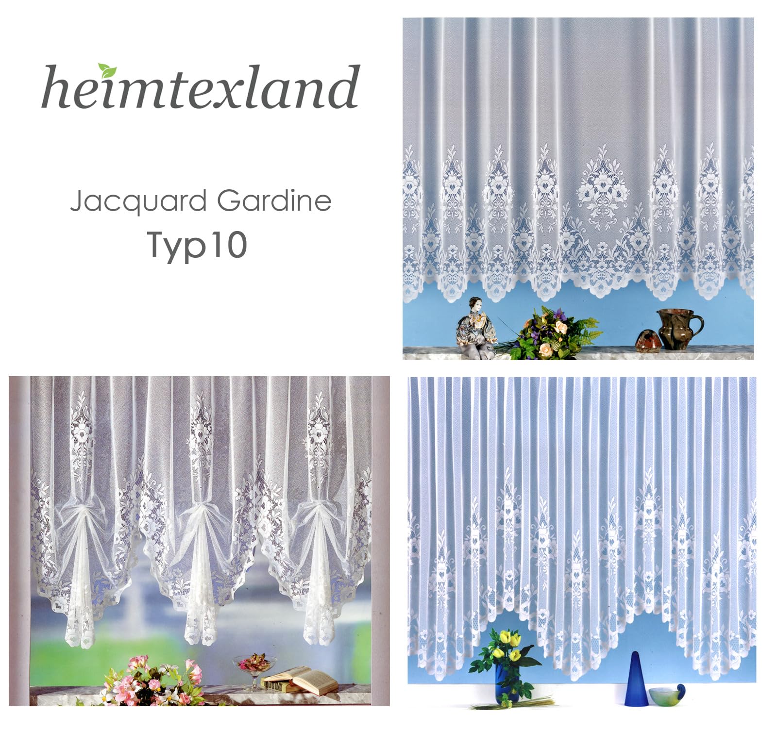 heimtexland Gardine, Hochraff-Store mit Universalschienenband (Kräuselband), 120cm hochgerafft x 4 Bögen für Dekobreite 190-240cm, Weiß, Klassisch mit Blumenmuster, 1 Stück, Vorhang Typ10