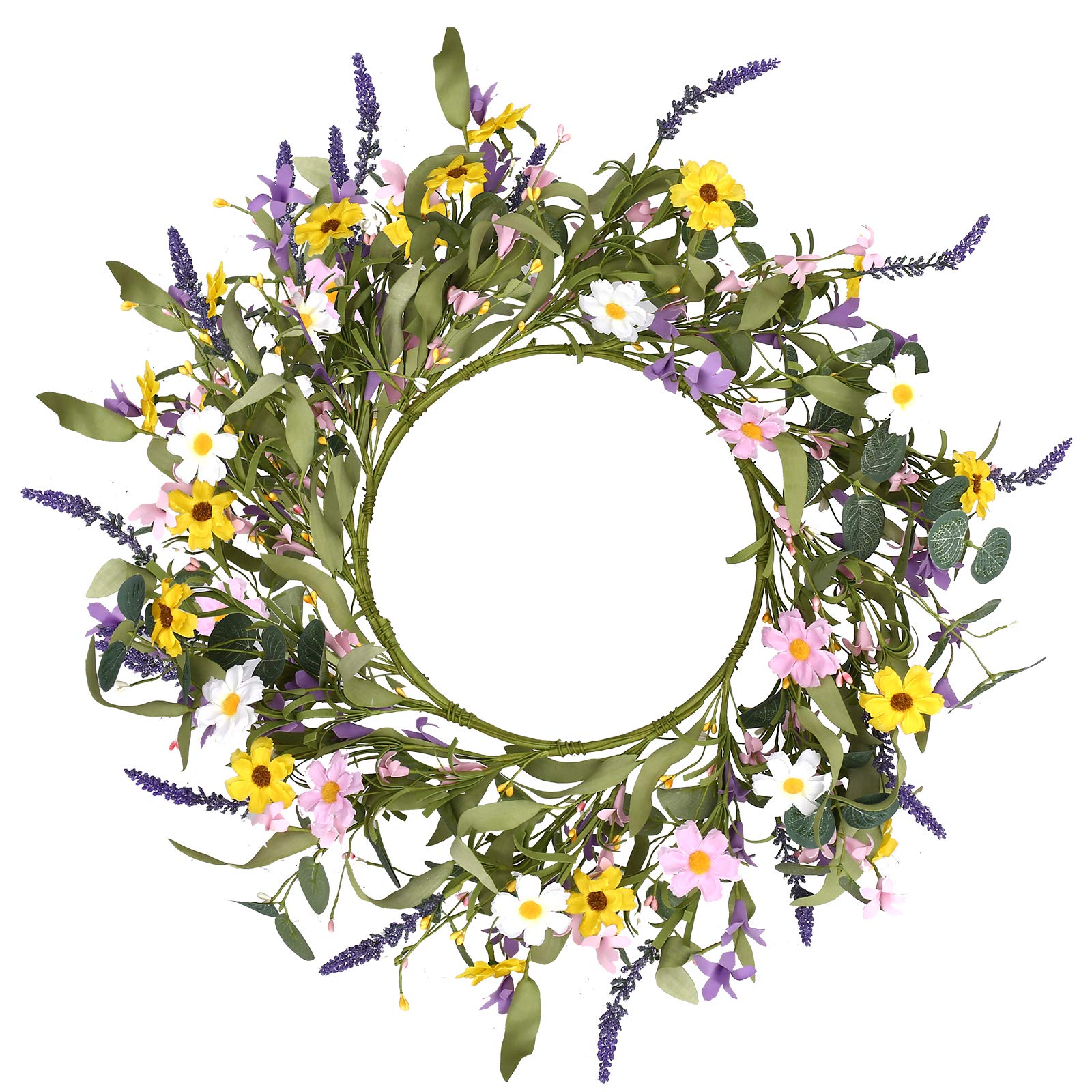 Spring Flower Wreath,20” Artificial Floral Wreath Summer Daisy Lavender Wreath with Green Eucalyptus Leaves for Front Door Wall Window and Home Decor