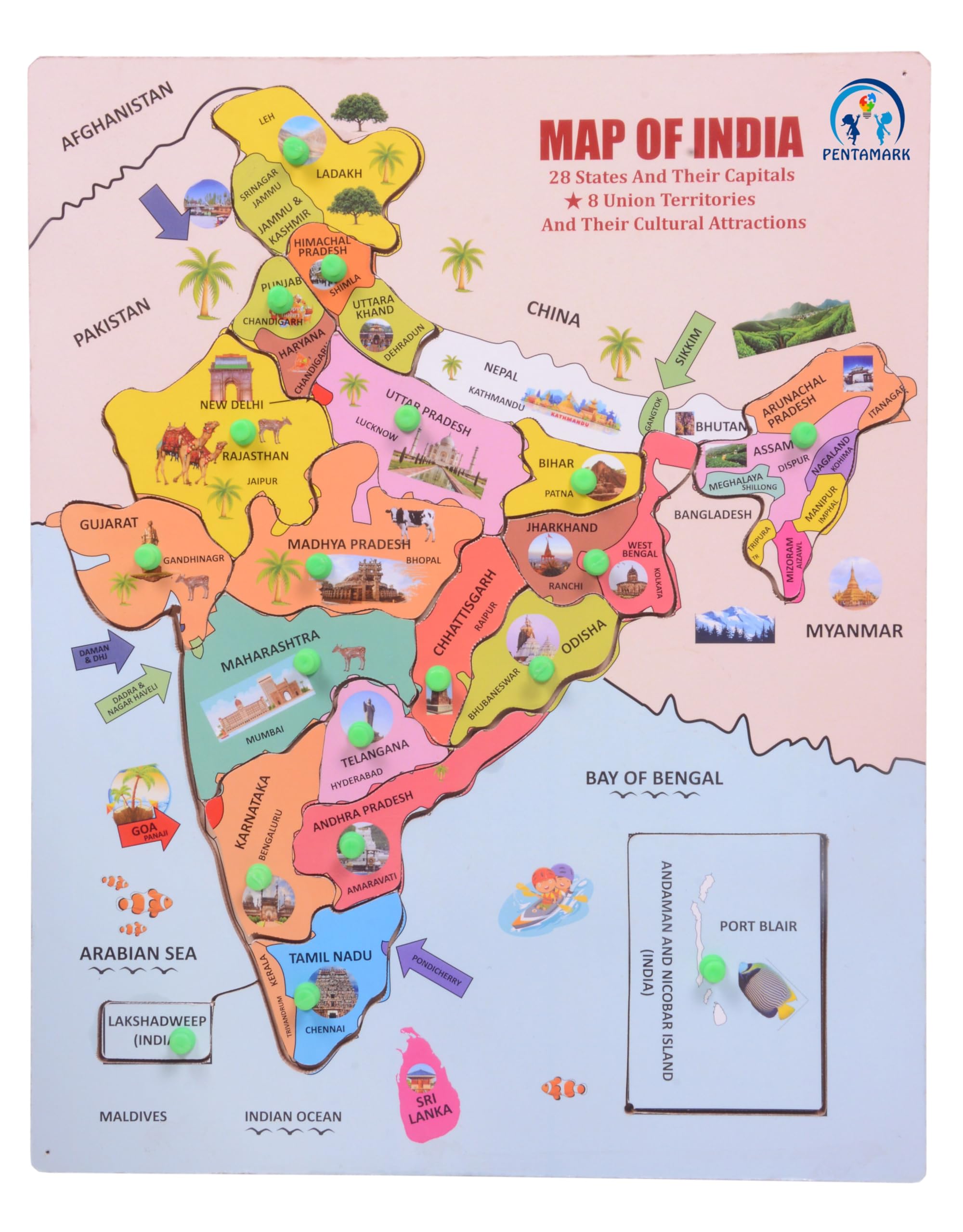 PENTAMARK Wooden India Map Puzzle for Kids with States, Their Capitals, 18 Pieces with Knobs|Educational Wooden Puzzle Games for Boys and Girls|Map of India Puzzle for Kids|Jigsaw Puzzle Games for Kid-image-35