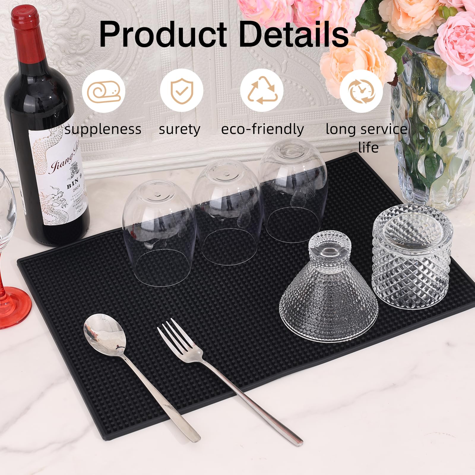 6 Stück Barmatten für Arbeitsplatte, 45,7 x 30,5 cm, Gummi-Silikon, zum Trocknen von Kaffee, rutschfeste Matte für Barkeeper, Cocktailbars, Restaurants (schwarz)
