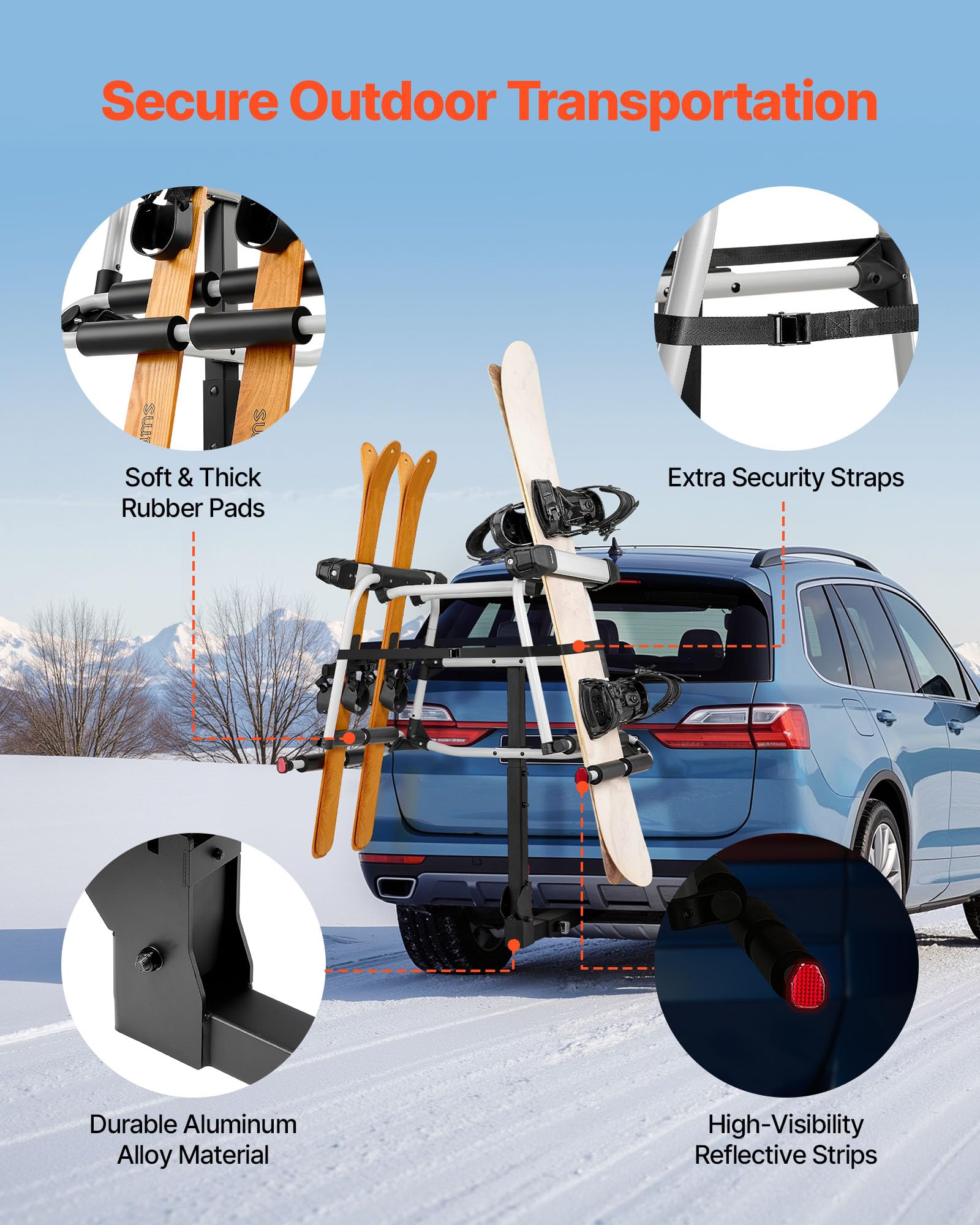 VEVOR Bagażnik dachowy na narty, snowboard, do 6 par nart/4 desek snowboardowych, zamykany bagażnik dachowy z gumową wyściółką i pasem bezpieczeństwa, uchwyt na narty, bagażnik na hak holowniczy