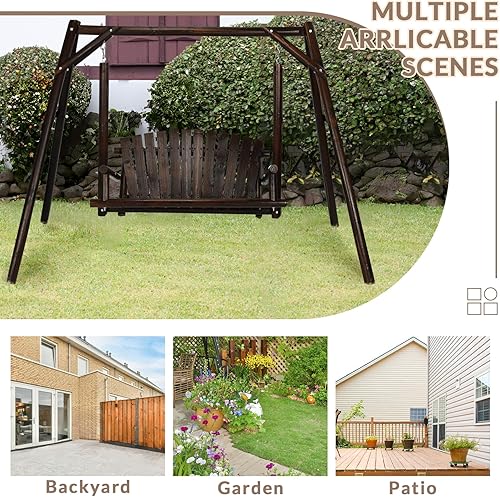 Miniatura 6 de Columpio de porche de 2 asientos, troncos de madera para patio con soporte, silla columpio de madera rústica con respaldo curvo, columpios de madera