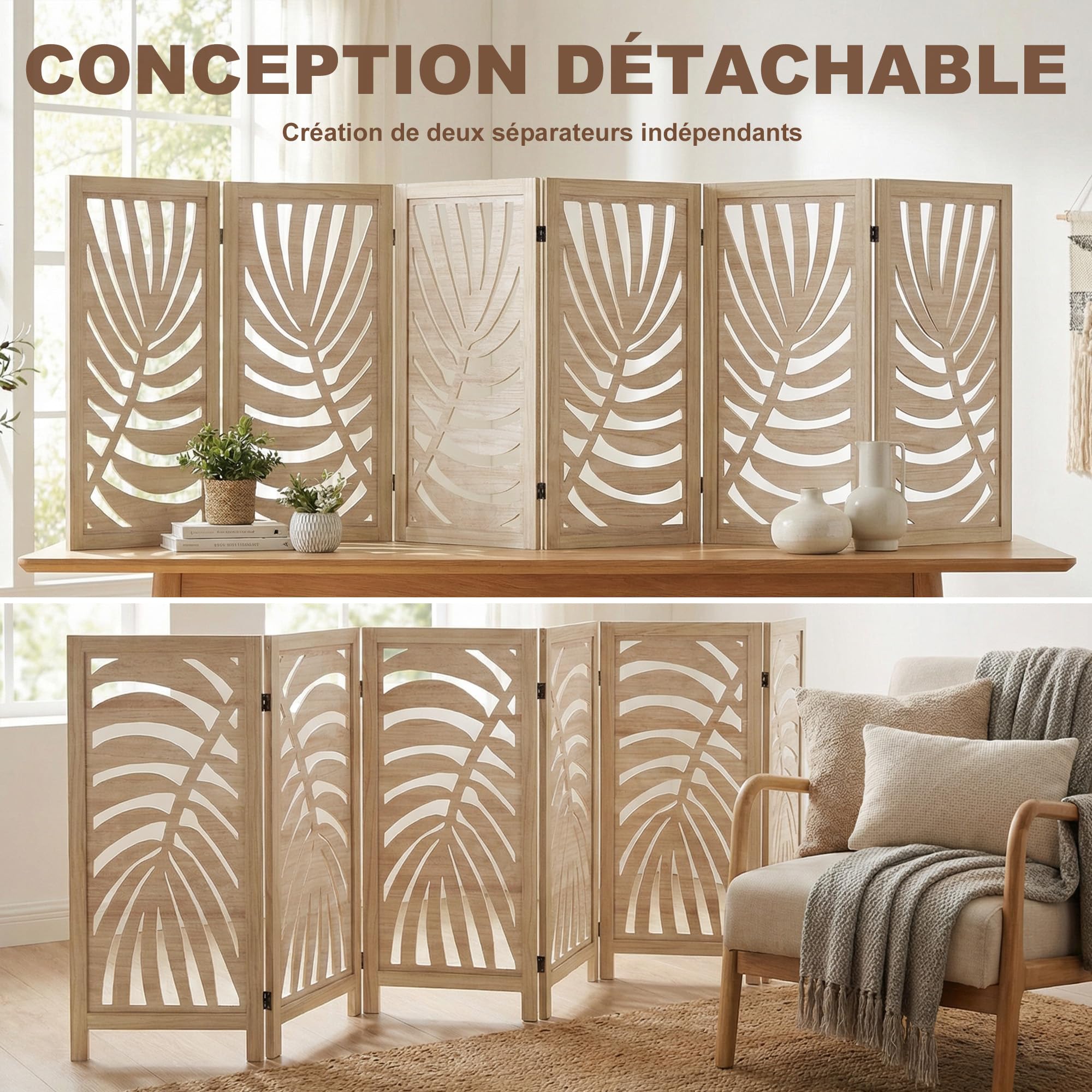 HOMCOM Separador 6 Paneles Plegable Desmontable Acabado Madera Natural | Pantallas de privacidad, tabique autoportante, diseño de hoja de palma, para oficina en casa, dormitorio