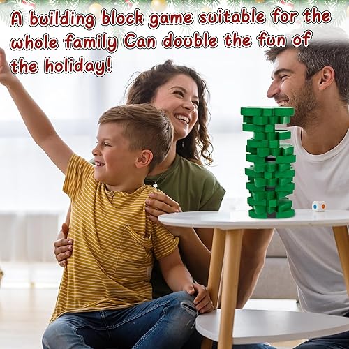 Miniatura 7 de Divertido juego de apilamiento de árbol verde de Navidad, juego de torre plegable para noches de juego familiares, fiestas y decoración festiva,