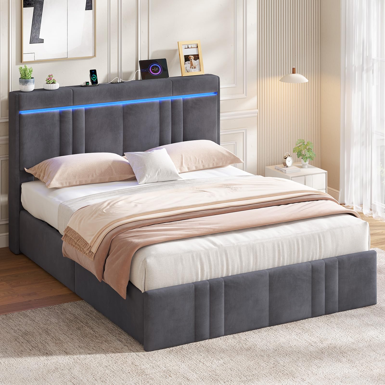 AOGLLATI Letto Matrimoniale con Contenitore 140x200 Letto Contenitore Matrimoniale Con LED Letto Contenitore Idraulico con Stazione Di Ricarica Struttura Letto con Testiera Imbottita Velluto Grigio