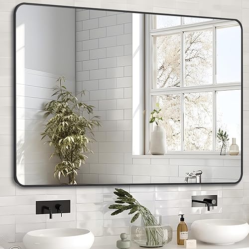 FORBATH Espejo de baño negro, espejo rectangular de tocador de 32 x 40 pulgadas, montado en la pared, esquina redondeada, espejo de baño con marco