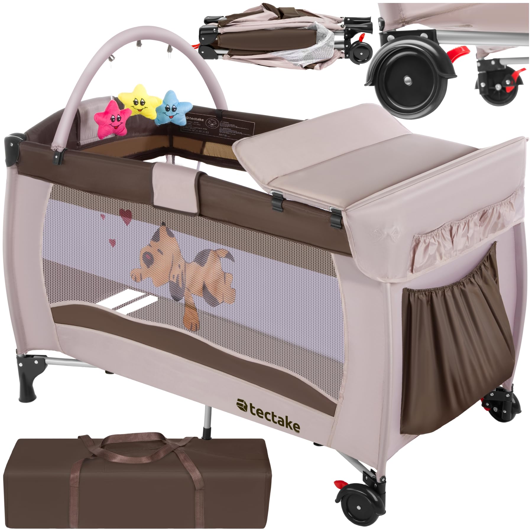 tectake® Lettino da Viaggio Bambini con Fasciatoio, Lettino Pieghevole con Borsa, per Neonato, Portatile con Ruote, Letto Bambini Richiudibile, 132 x 75 x 104 cm - Blu