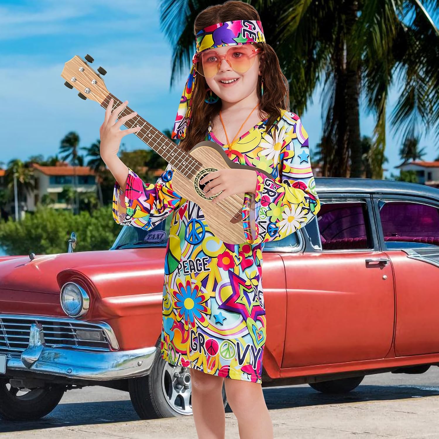 70s Hippie Dress for Girls, 1970s Outfits Peace Sign Necklace Headband, 60s Themed Party Costumes for Kids 5-14 Years - Image 2