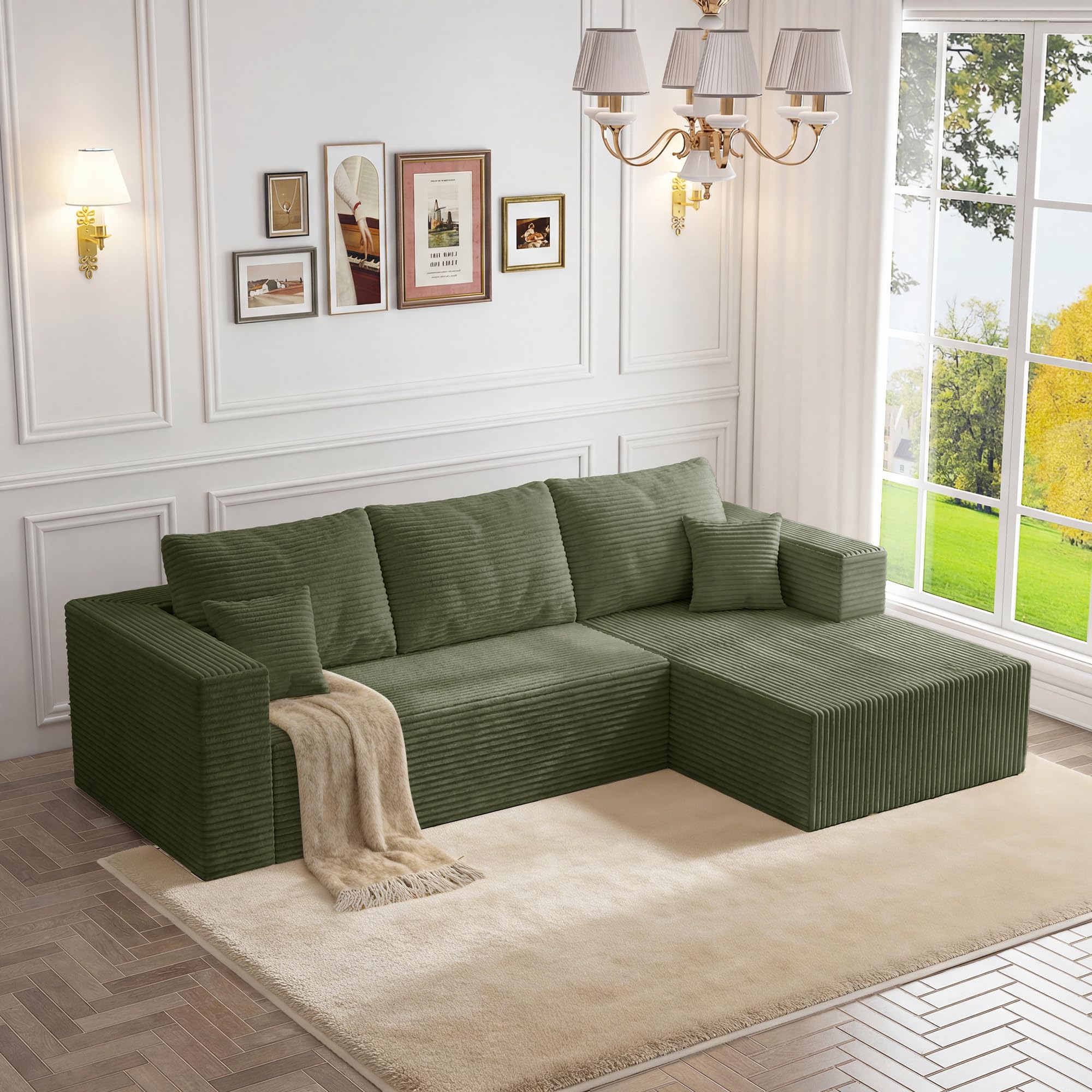 (only box b)92.5" modular sectional sofa, l-shape cloud couch with deep seats & chaise, 4-in-1 covertible corduroy boneless couches for living room,bedroom,no need assembly - green(right facing chaise)