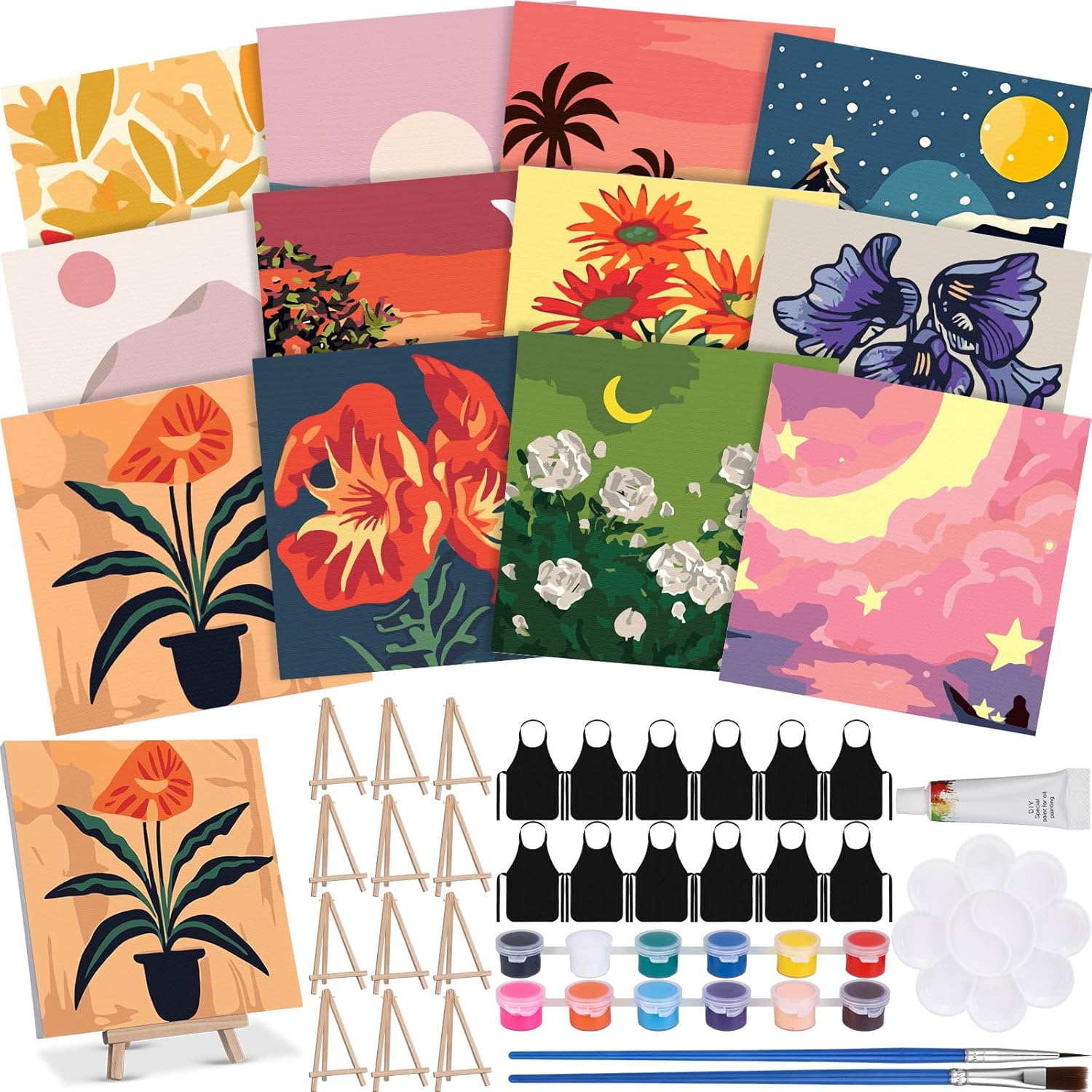 MotiMind 12 Sets Framed Paint by Number Kit for Adults with 12 Wooden Easels, 12 Disposable Apron, 12 Pigment 12 Brush, 12 Palette, DIY Acrylic Paint by Number Kits for Party(Plant, Landscape)