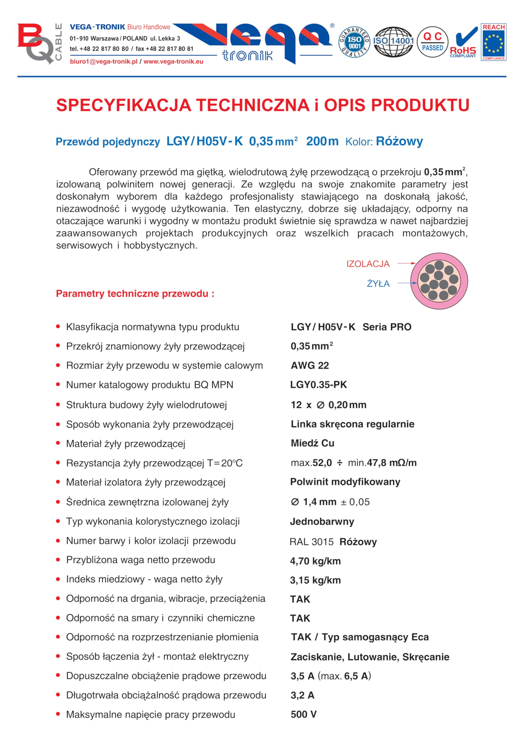 Przewód pojedynczy LGY/ H05V- K 0,35 mm2 200 m Kolor: różowy