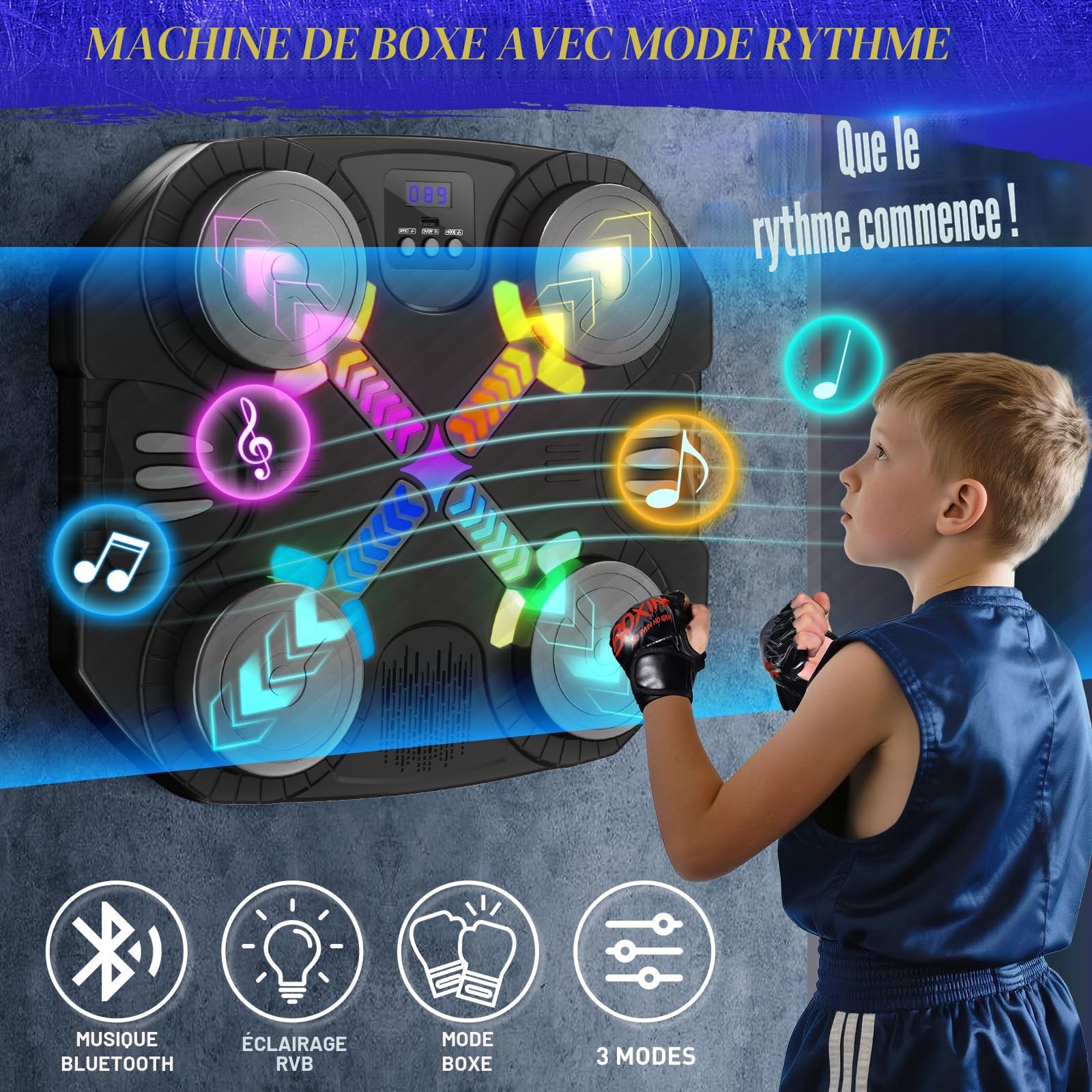 Esnowlee Machine de Boxe Musicale Jouet de Sport pour Enfants - Cible Bluetooth Murale avec lumières et Son, Cadeau pour garçons et Filles âgés de 3 à 12 Ans (Noir)