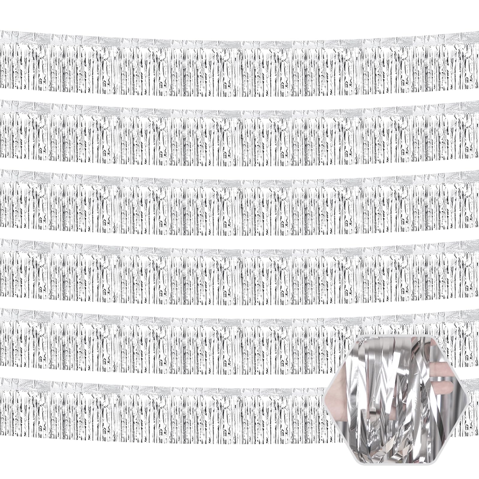 6 Pack 10 Feet Silver Foil Fringe Garland Metallic Tinsel Streamers Banner Wall Hanging Curtain Backdrop for Parade Floats, Birthday, Graduate, Mother's Day, Wedding Party Decoration