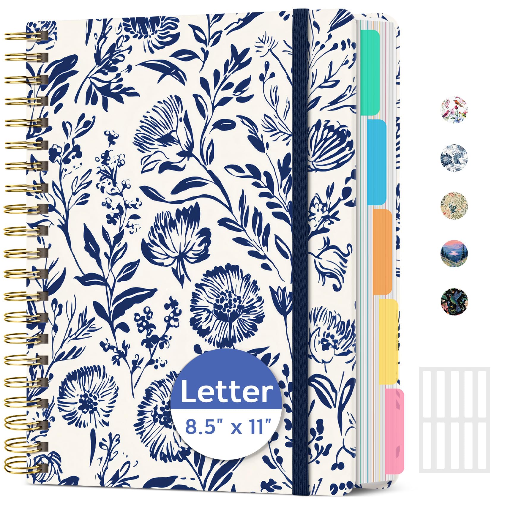 Cuadernos grandes con forro en espiral para el trabajo con separadores y pestañas extraíbles, 8.5 x 11 pulgadas, bonita tapa dura, cuaderno de 5 asignaturas para mujeres, rayado universitario