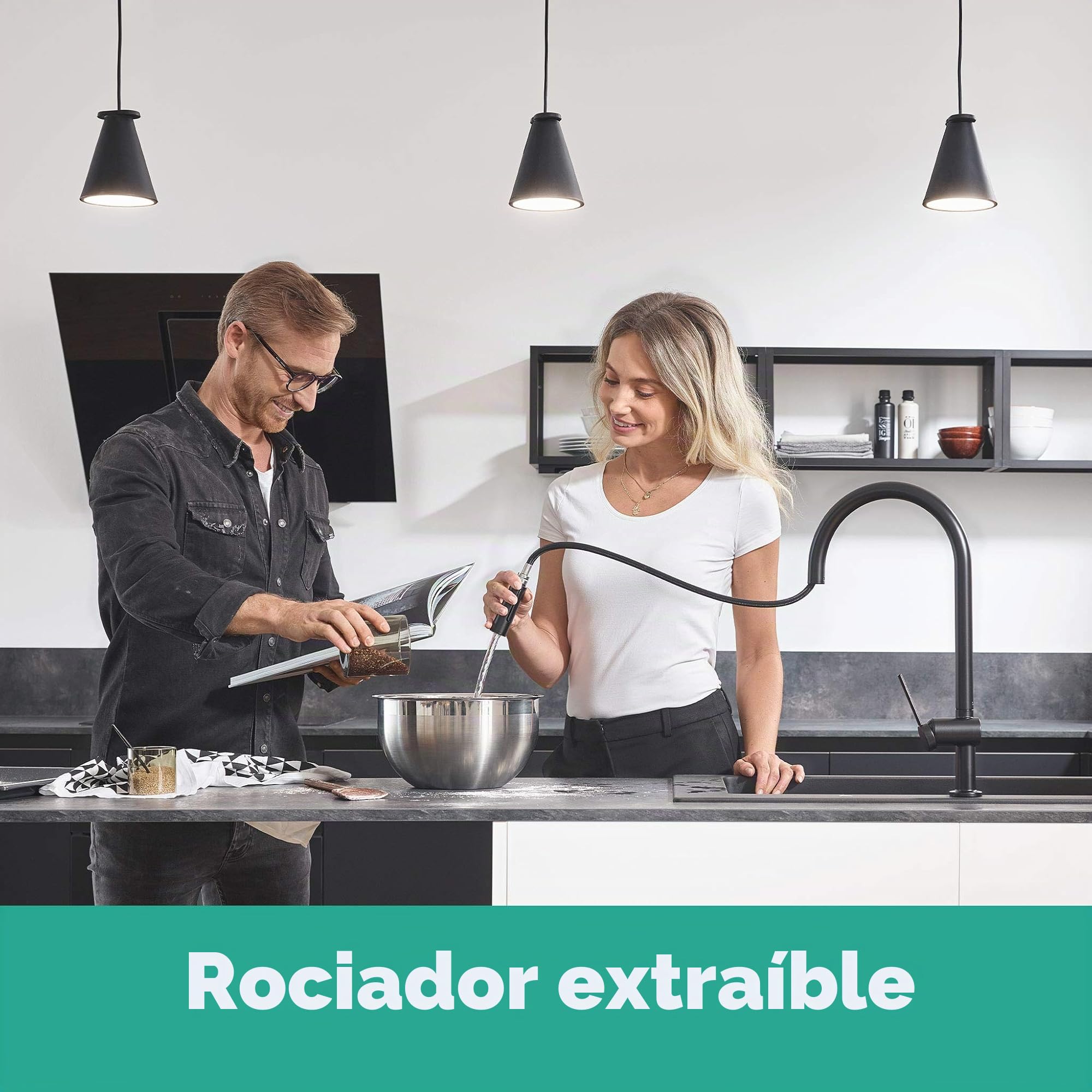 hansgrohe Talis M54 - grifo de cocina con ducha extraíble, 2 tipos de chorro, altura del caño 210 mm, grifo cocina fregadero con caño giratorio, negro mate, 72800670