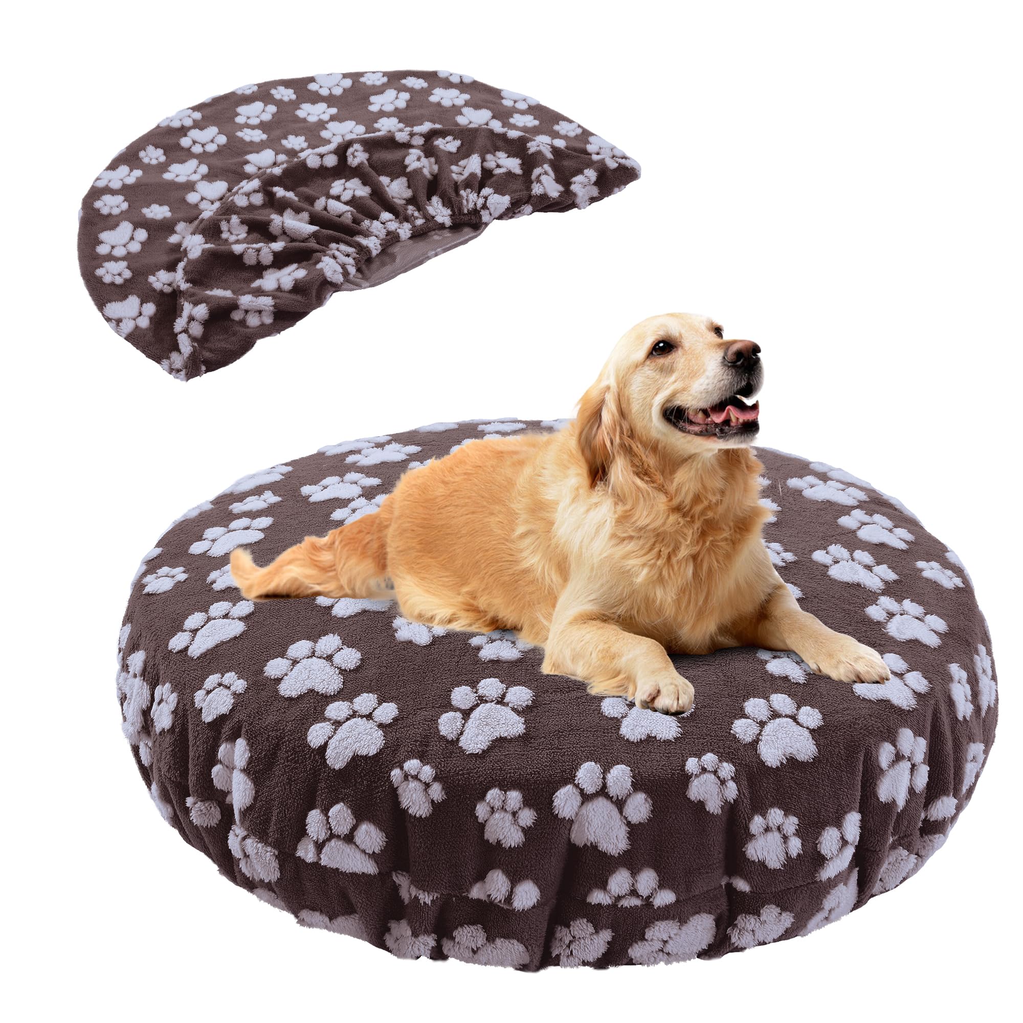 BALAPET Washable Dog Bed Covers Replacement Round Waterproof Bed Cover for Dog Soft Pet Bed Cover with Lovely Dog Paw Print and Double-Sided Usable