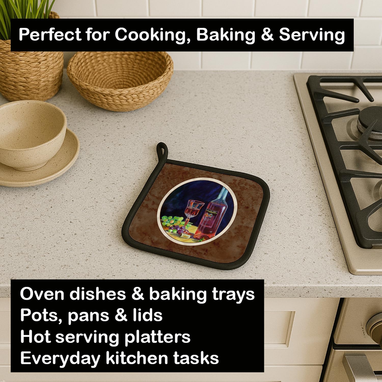 Caroline's Treasures 7185PTHD Red Wine Bottle and Glass Pair of Pot Holders Kitchen Heat Resistant Pot Holders Sets Oven Hot Pads for Cooking Baking BBQ, 7 1/2 x 7 1/2