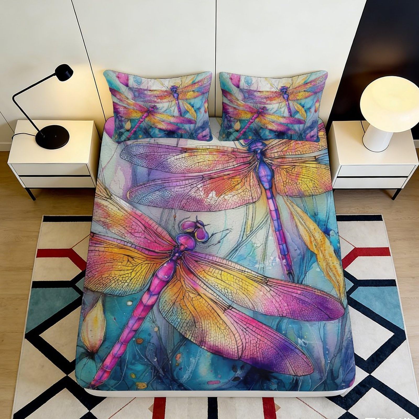 3D Printed Colorful Dragonfly Fitted Sheet Microfiber Soft Vibrant Abstract Bed Cover for Bedroom Dorm Mattress Protection Decor 90x200x25cm