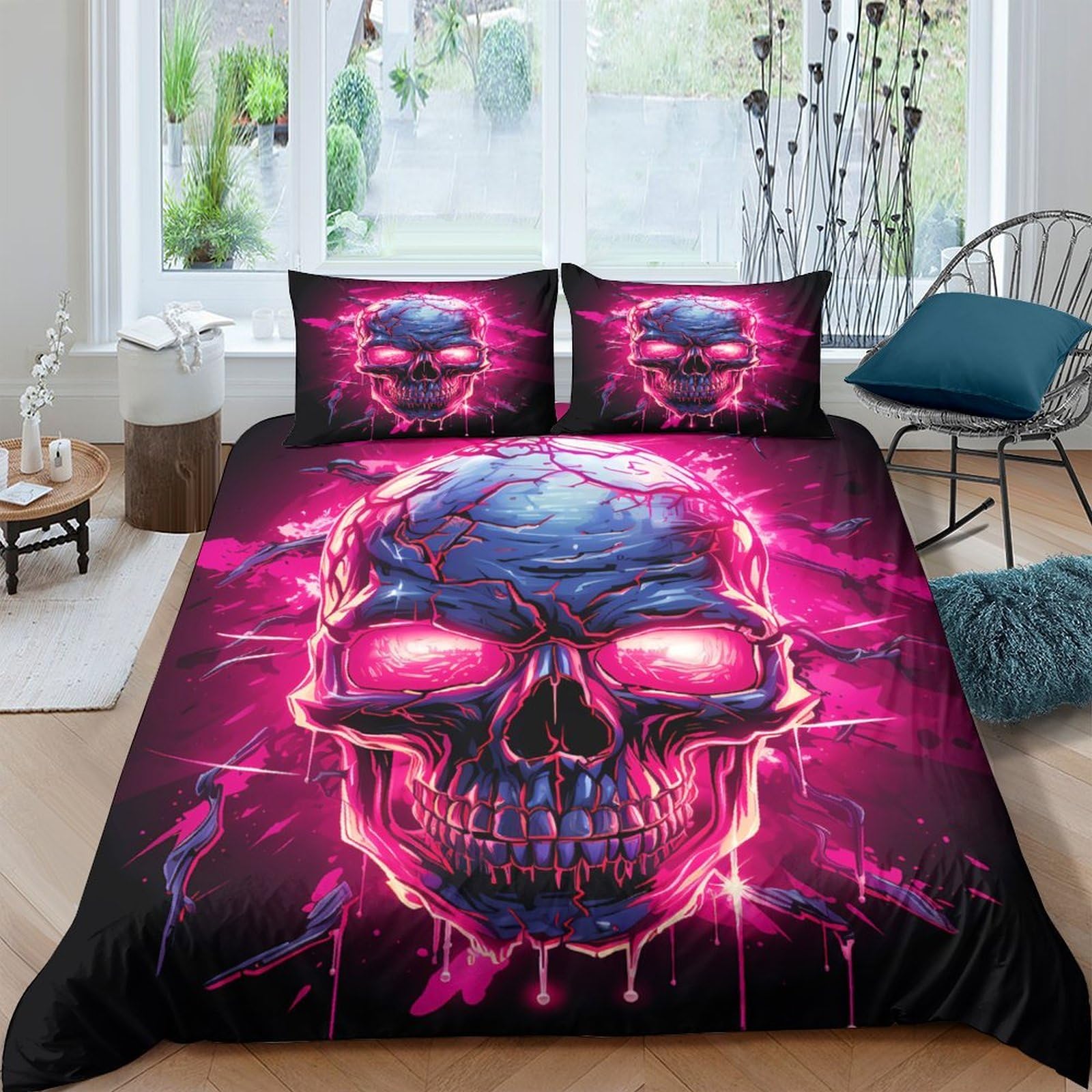 Ctjqhvkz Style-9 3D Printed Neon Skull Fitted Sheet Microfiber Soft Breathable Punk Lightning Bed Cover For Bedroom Dorm Mattress Decor Single（135X200cm）