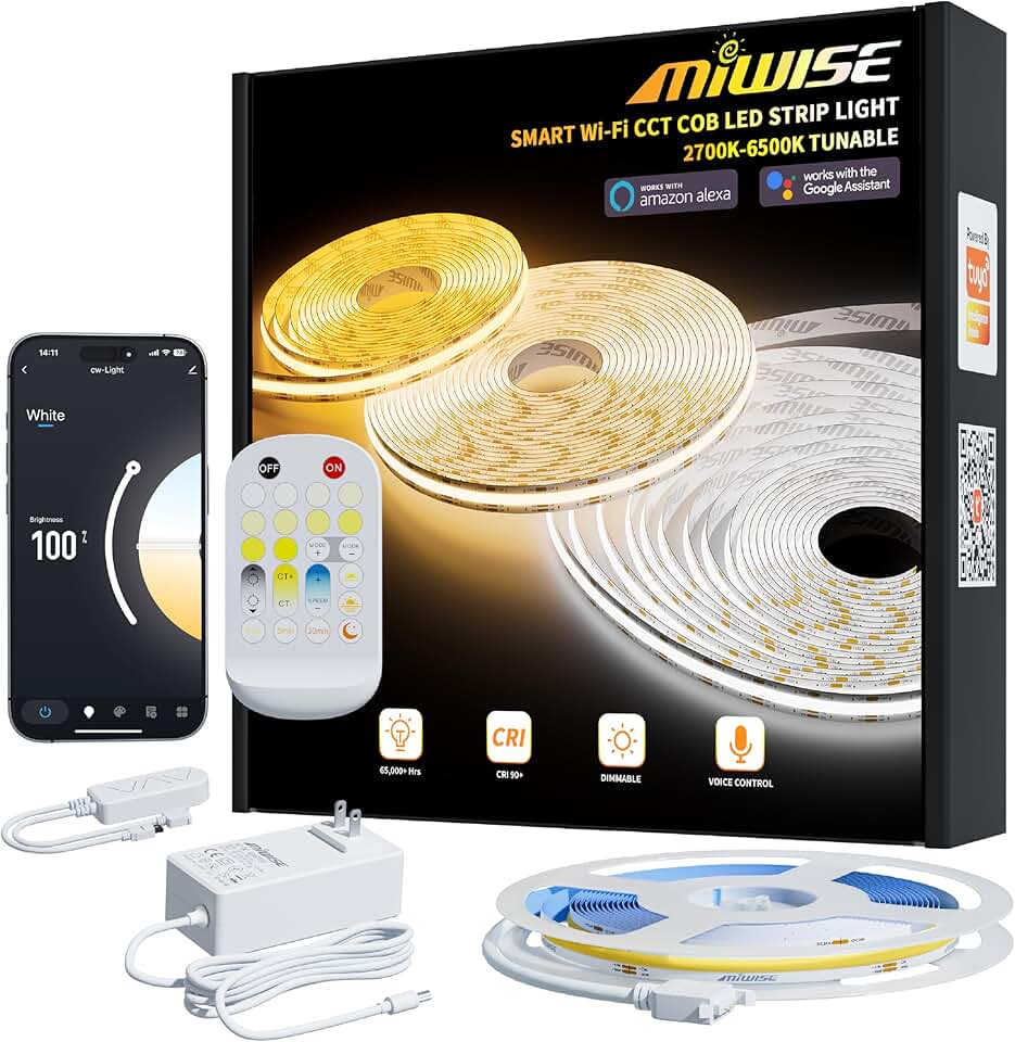 COB LED Strip Light White LED Tape Lights 2700K-6500K 24V Color Changing Dimmable 6.56ft UL-Listed Super Bright with Remote & APP 