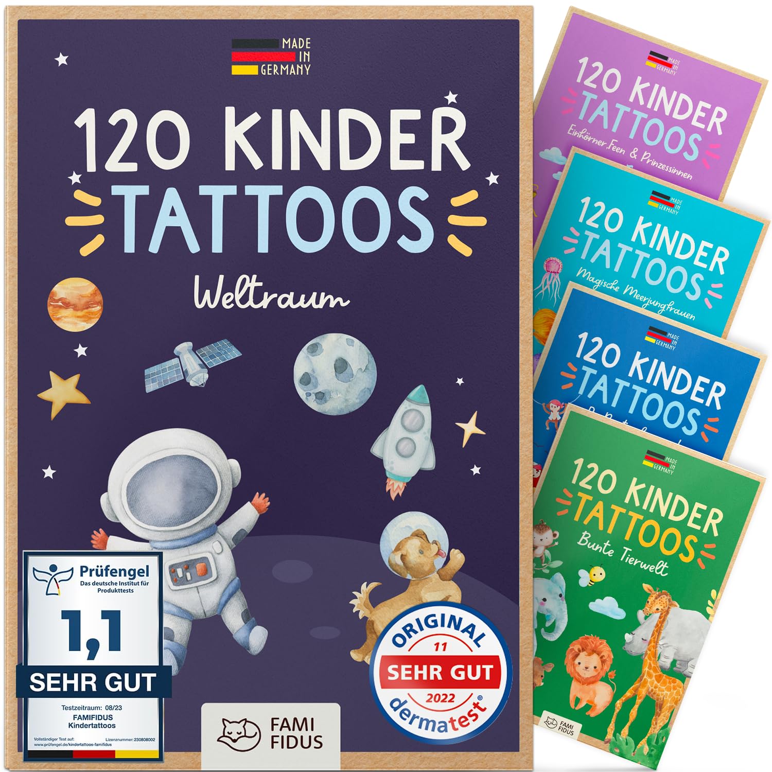 Famifidus 120 Kinder Tattoos hautfreundlich I Zauberhaftes Geschenk für Mädchen und Jungen I Dermatologisch SEHR GUT I Tattoo Kinder Made in Germany I Tattoo für Jungs & Mädchen