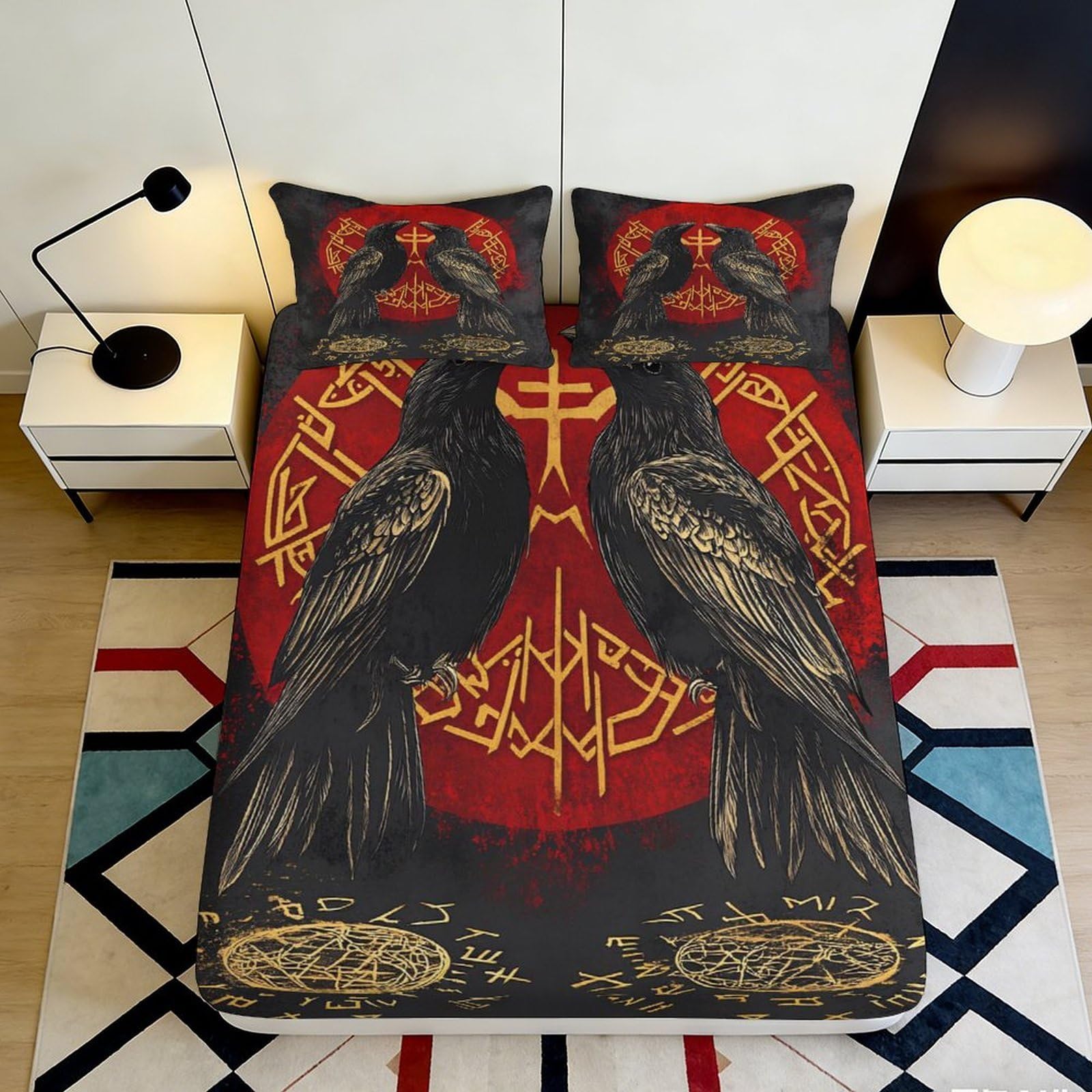 3D Printed Viking Raven Runes Fitted Sheet Microfiber Black Red Norse Magic Bed Cover for Bedroom Dorm Mattress Protection Decor 90x200x25cm