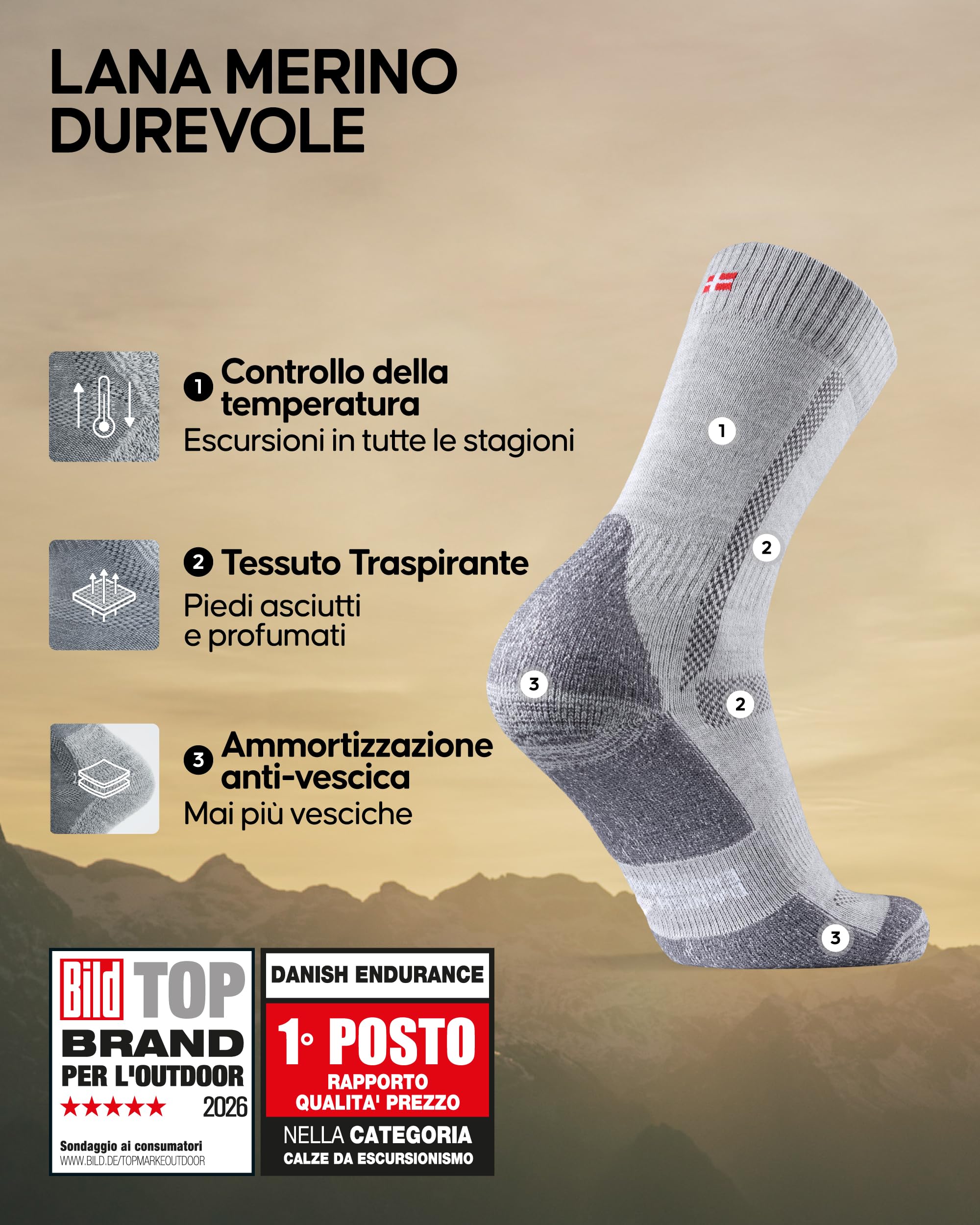 DANISH ENDURANCE Calze Trekking in Lana Merino, Anti-Vesciche, Calzini Escursionismo da Uomo, Donna, Bambino, 3 Paia