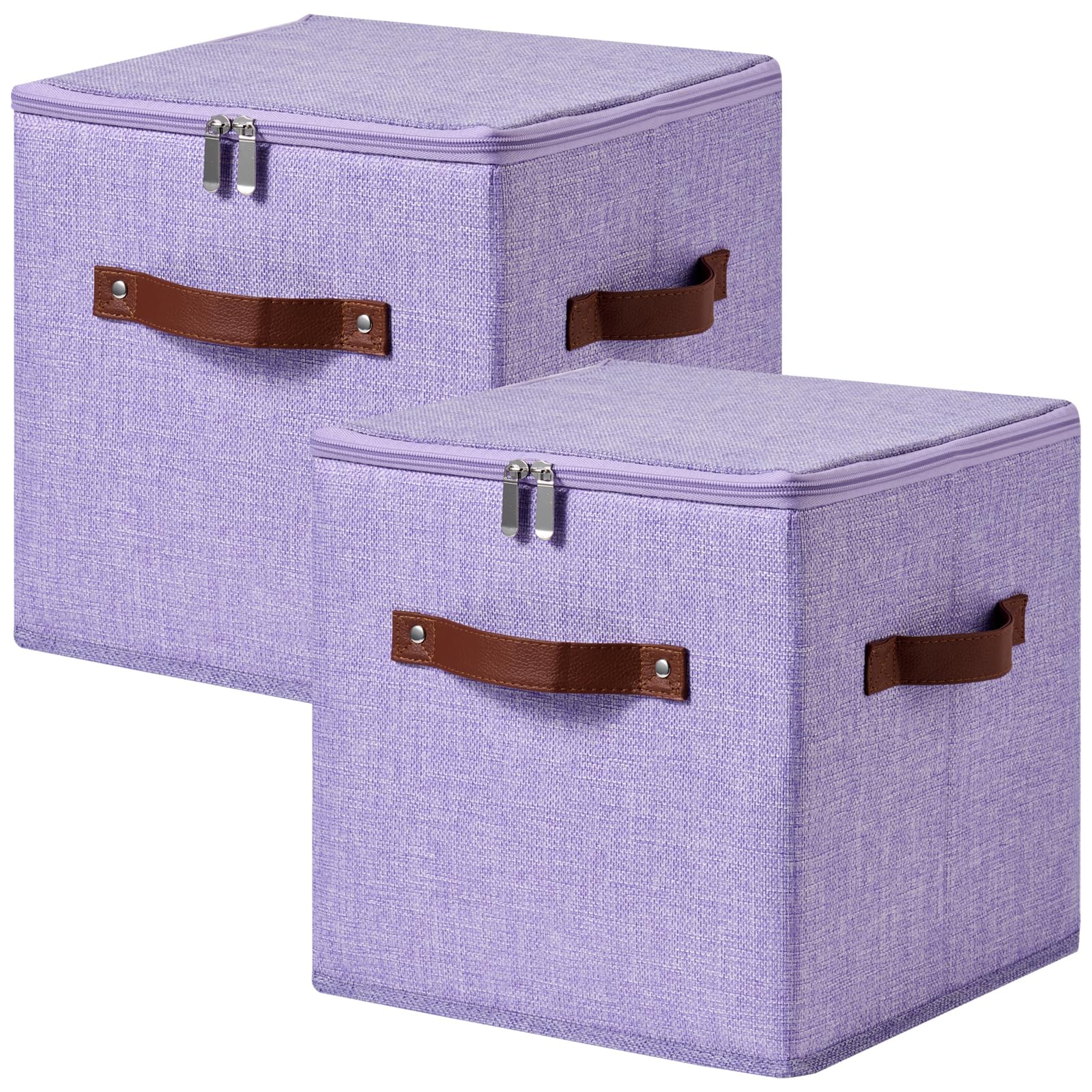 2PCS Storage Cubes with Lid Fabric Storage Bins Boxes PU Leather Handles Cotton Linen Closet Organizer Container Decorative Foldable Washable Shelf Cloth Basket (Zipper Lid, Purple, 11in)
