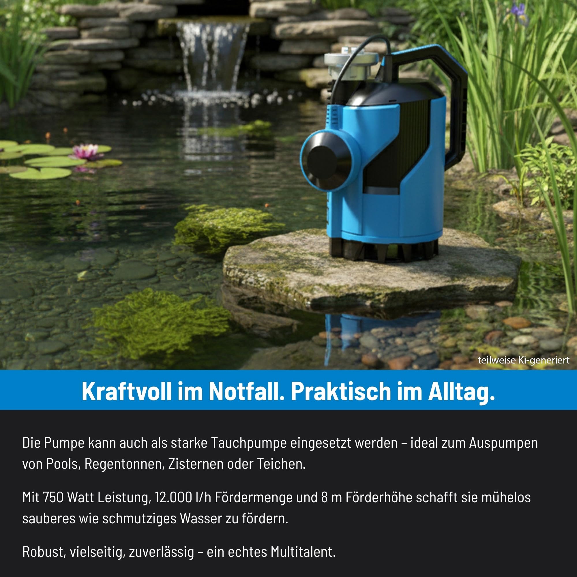 Güde Hochwasser Flut-Set 750-230 Volt, 750 Watt, 12000 Liter pro Stunde maximale Fördermenge, 8 Meter maximale Förderhöhe, 7 Meter maximale Eintauchtiefe, inkl. 10 Meter Druckschlauch, Transportbox