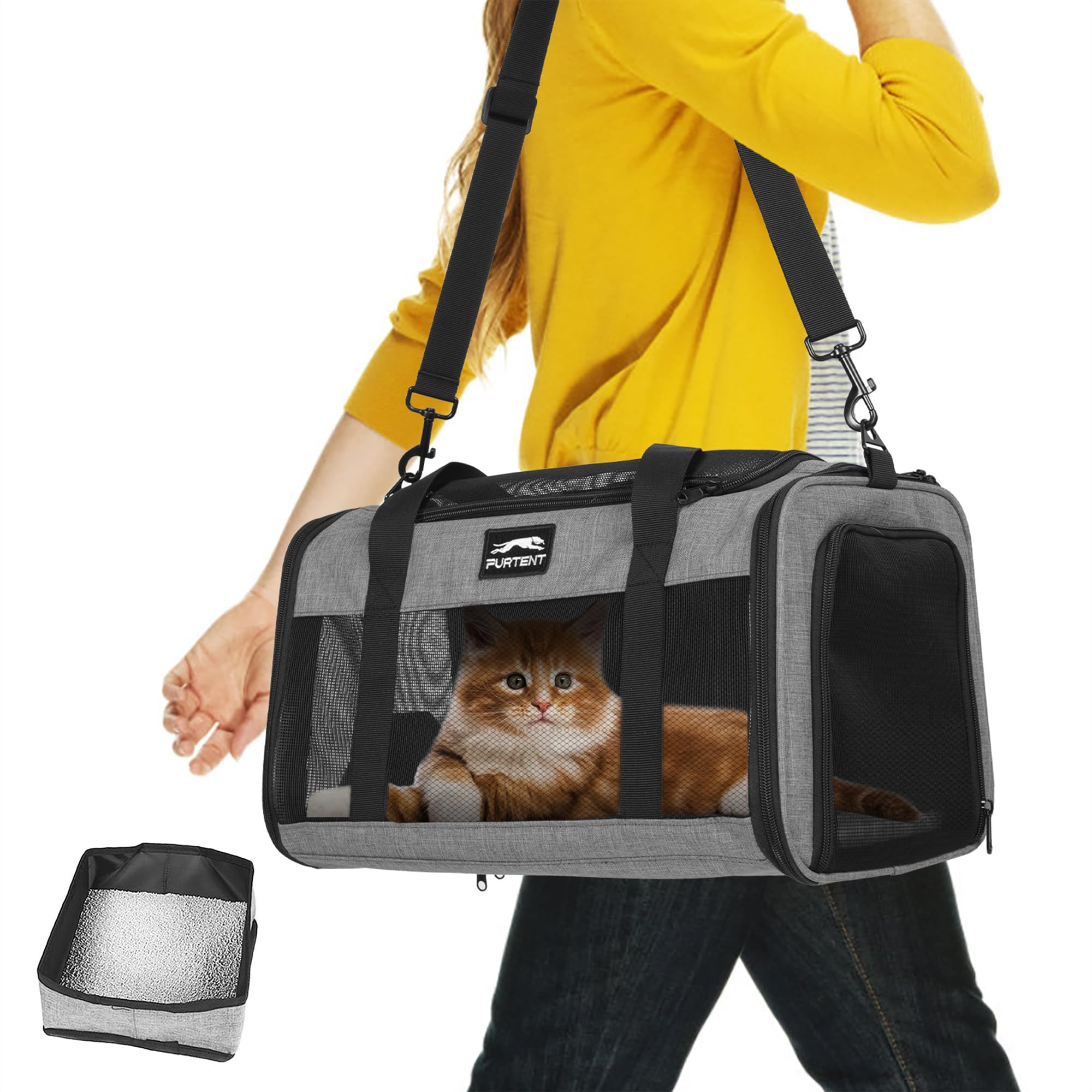 TSA Approved Pet Carrier for Small Cats and Puppies, Soft-Sided and Foldable, Cat and Dog Carrier Fits Pets Up to 15 lbs, Durable Portable Travel Bag with Litter Box, Dark Gray