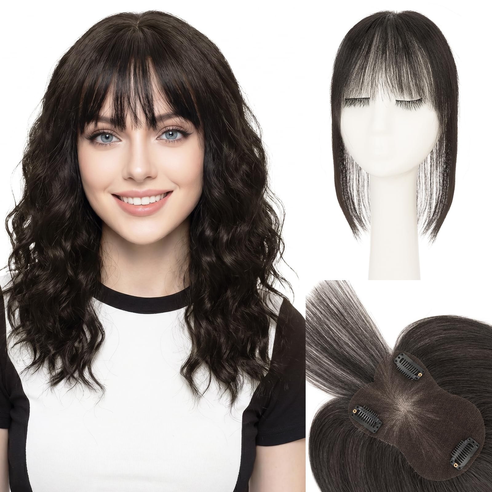 SEGOHAIR Bonnet de cheveux humains pour femme avec frange Wispy - Attaché à la main - Base en dentelle - Avec 3 clips - Facile à clipser - Base légère et respirante - #1B - Noir naturel