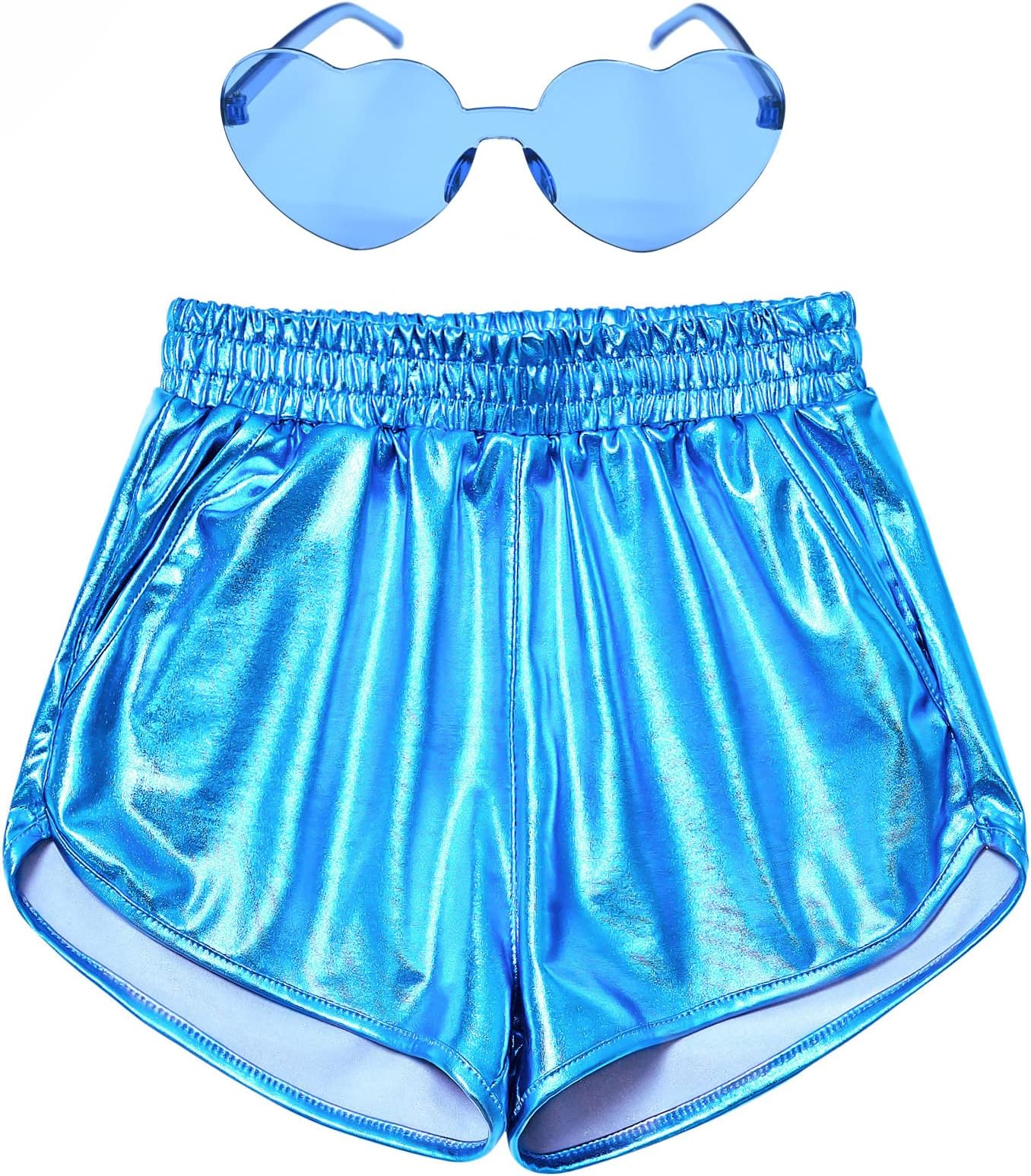 PerfashionGirls Metallic Shorts Shiny Hot Short Sparkly Party Pants &Sunglasses