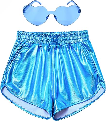 Perfashion Pantalones cortos metálicos brillantes para niñas, de fiesta, con gafas de sol