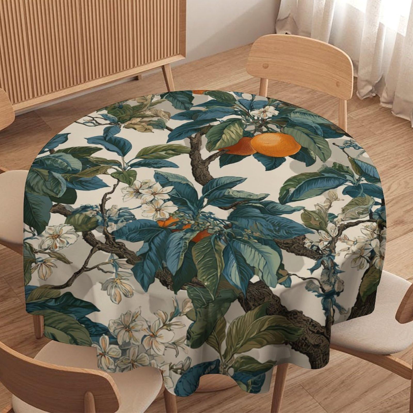 LUYYSKY Beautiful Realistic Fruit Oranges Waterproof Round Tablecloth Classic Funny William Morris Botanical Floral Oranges Pattern Washable Table Cover for Kitchen-91.4" Wx91.4 L cm