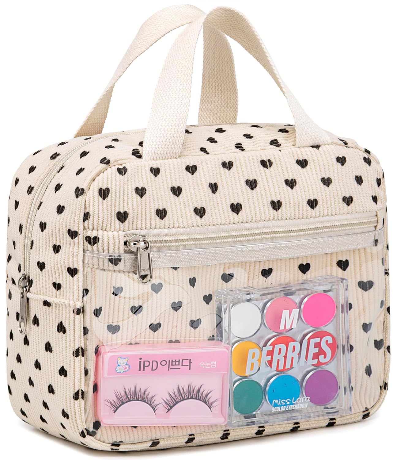 CAMTOP Makeup Bag Women Girls Corduroy Cosmetic Bags Travel Toiletry Purse Zipper Pouch, Black Heart, Corduroy Cosmetic Bags With Clear Layer CAMTOP Makeup Bag Women Girls Corduroy Cosmetic Bags Travel Toiletry Purse Zipper Pouch, Black Heart, Corduroy Cosmetic Bags With Clear Layer