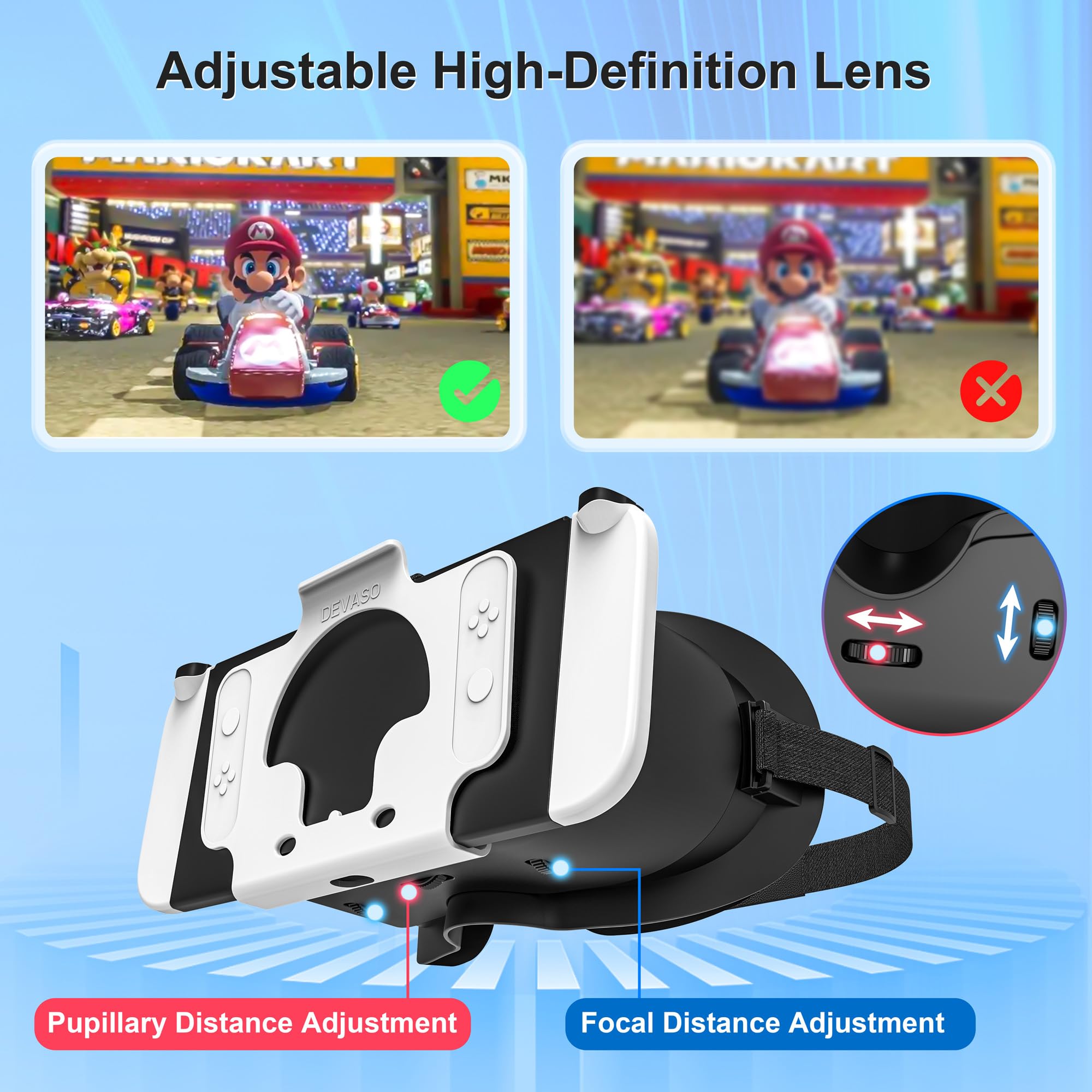 Cuffie VR per Nintendo Switch OLED & Switch – Lenti e fascia HD regolabili, comodi occhiali 3D per Zelda, Mario Odyssey, Smash Bros VR Gaming (Nero e bianco)